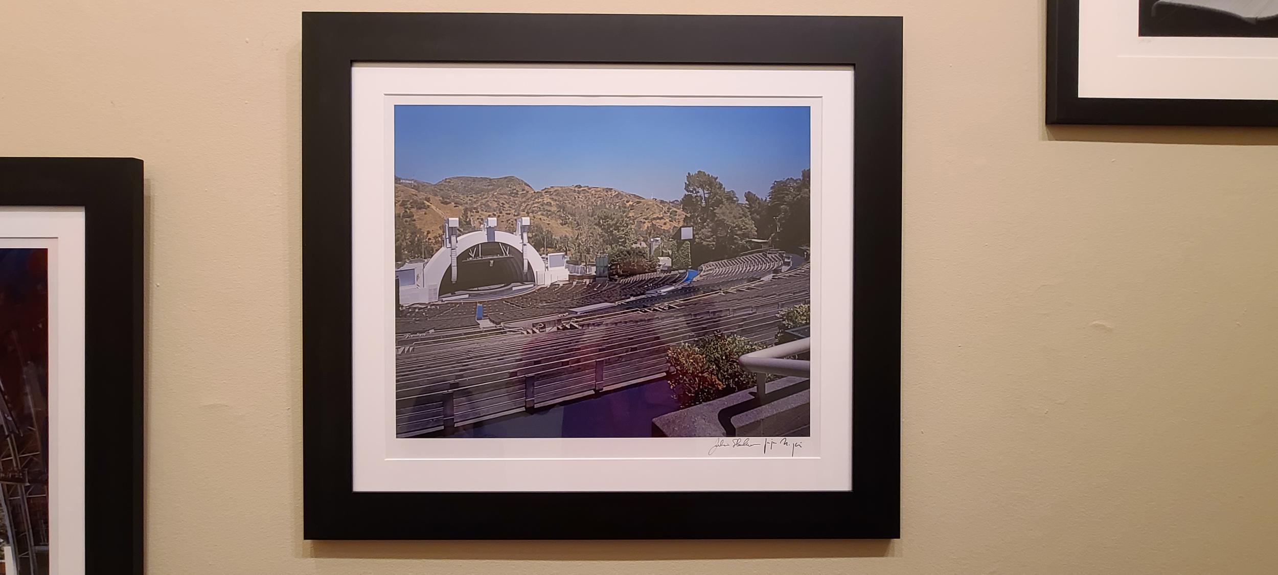 Original untitled color chromogenic photographic print of the Hollywood Bowl under renovations by photographer Julius Shulman, signed. Framed in a black wood frame.

This was a small limited edition and photographed for a fundraiser for the