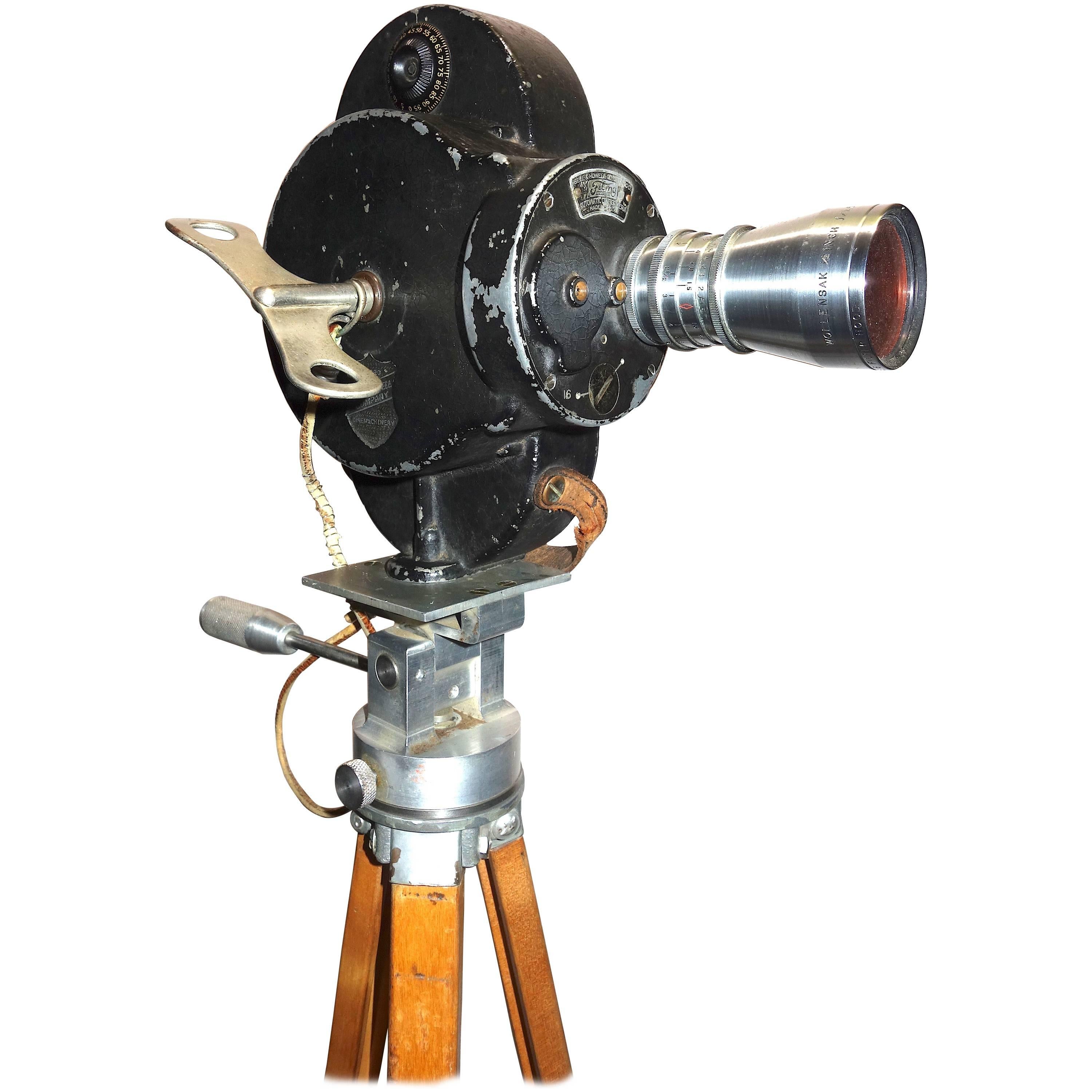Hollywood Early 20th Century Movie Camera with Head and Wood Tripod Legs For Sale