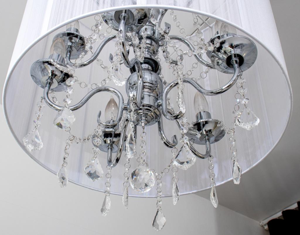 Hollywood Glam 10-Arm Chandelier with String Shade For Sale 1