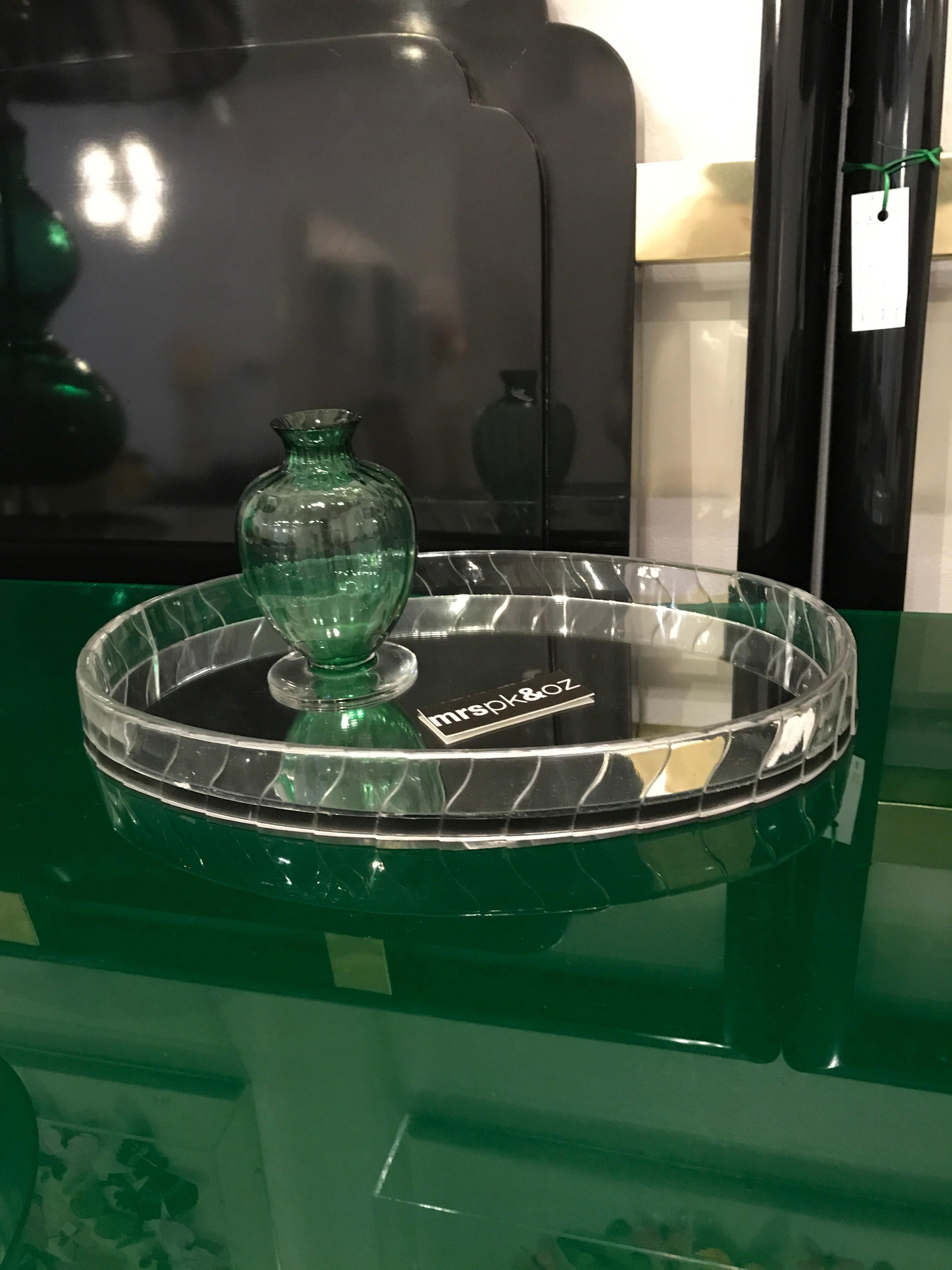 Hollywood Regency / Art Deco Oval Lucite Mirrored Decorative Vanity Tray In Fair Condition In Houston, TX