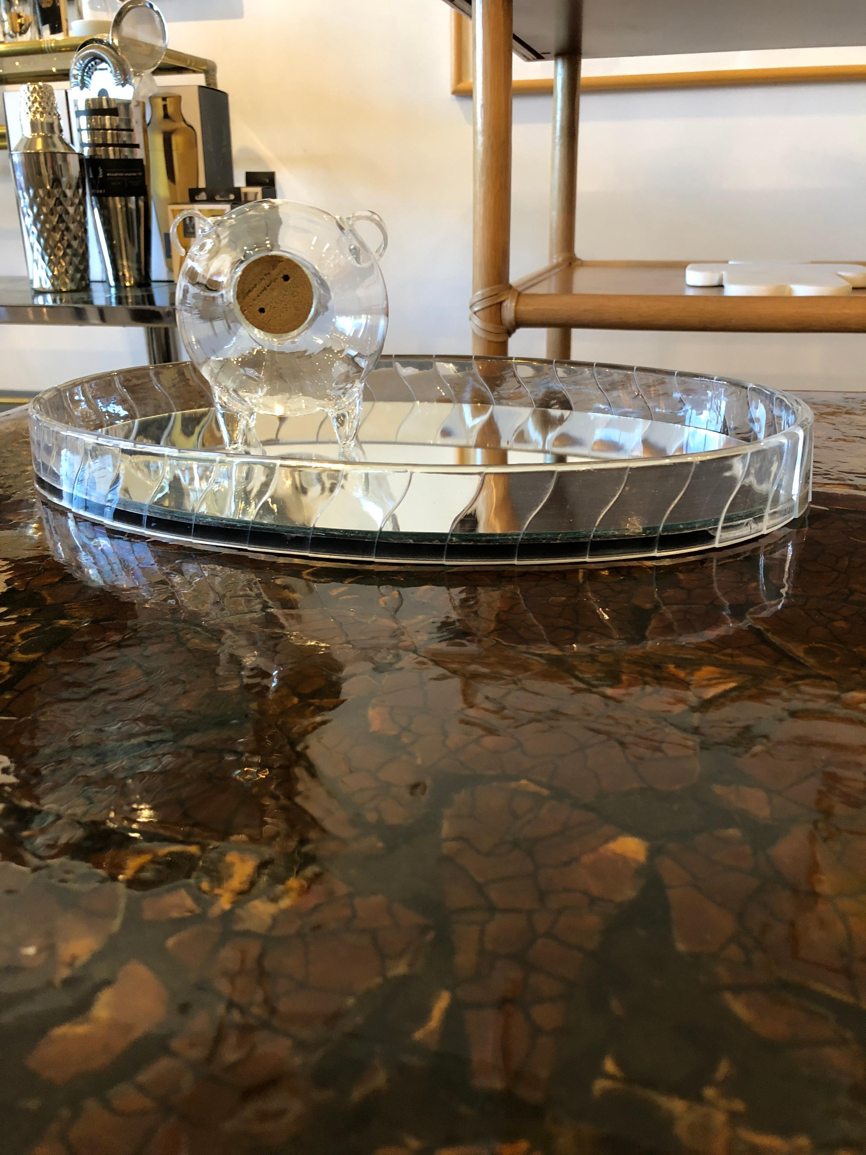 20th Century Hollywood Regency / Art Deco Oval Lucite Mirrored Decorative Vanity Tray