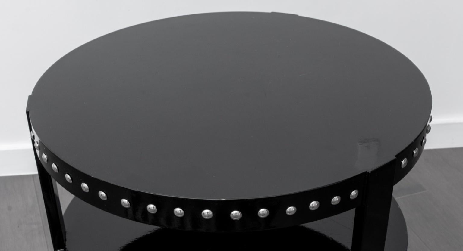 Metal Hollywood Glam Black Lacquer Drum Table For Sale