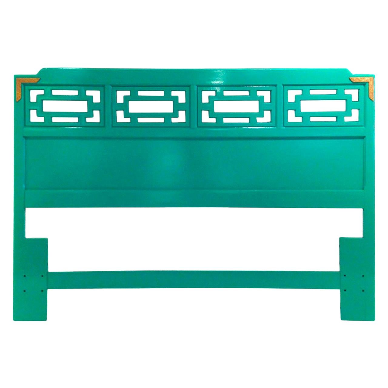 Hollywood Glam Lacquered Green Wood with Brass Accents Queen Fretwork