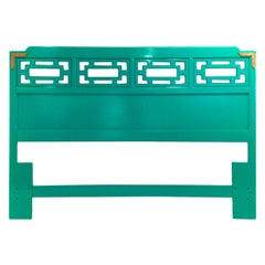 Hollywood Glam Lacquered Green Wood with Brass Accents Queen Fretwork Headboard