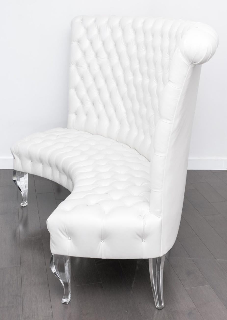 Hollywood Glam vegan white leather tufted curved banquette with scroll back and splayed tapering square lucite legs. In good condition. Wear consistent with age and use.

Dimensions: 51