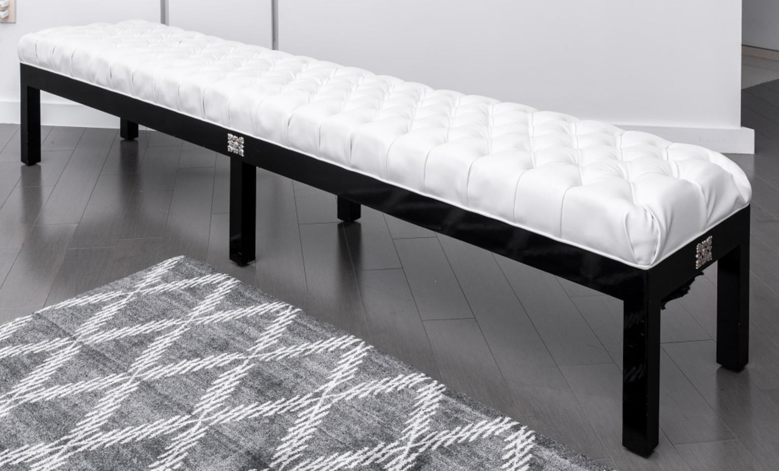 Hollywood glam rectangular white tufted faux leather black lacquered and silvered metal mounted bench.

Dealer: S138XX.