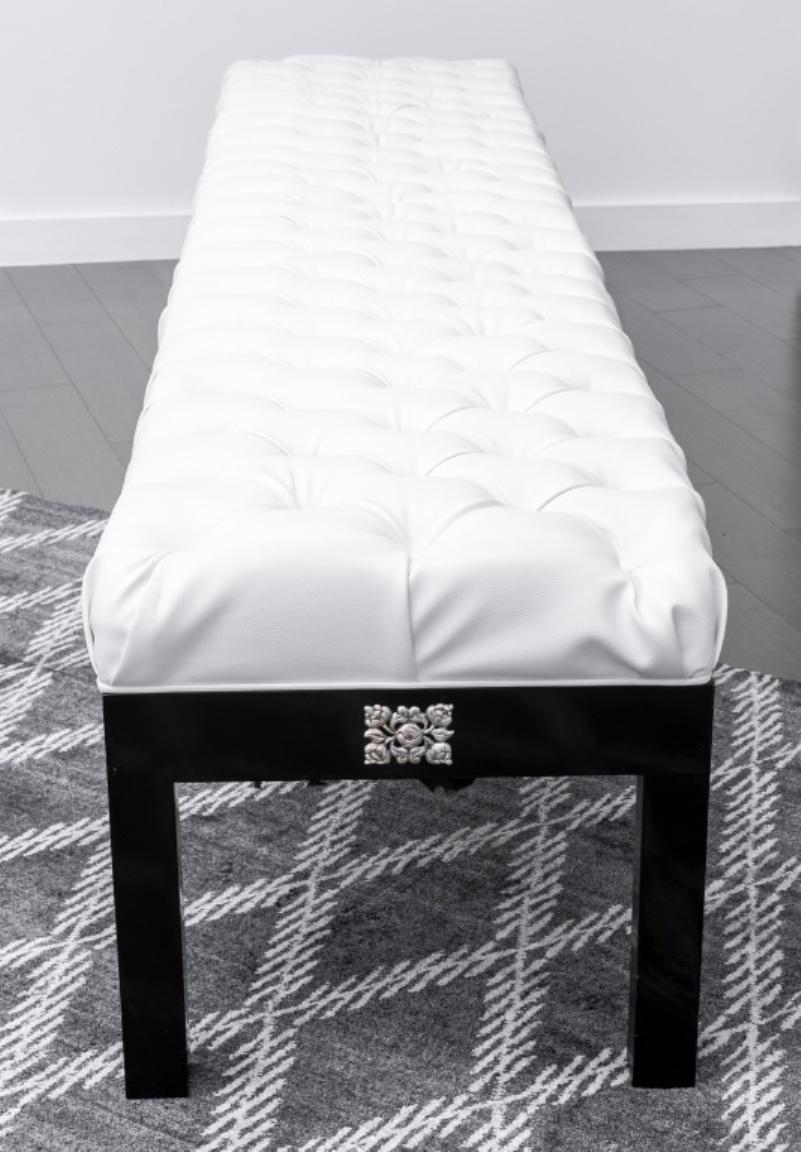 Modern Hollywood Glam White Faux Leather Tufted Bench For Sale