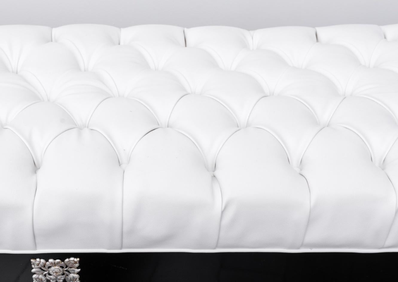 Hollywood Glam White Faux Leather Tufted Bench In Good Condition For Sale In New York, NY