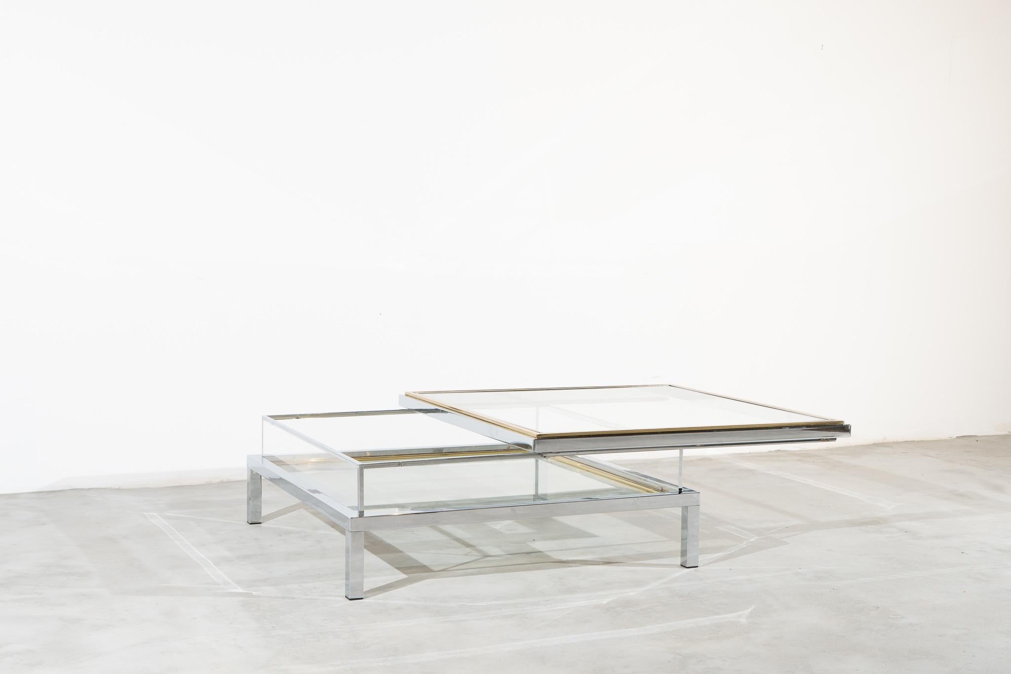 Hollywood Maison Jansen, Coffee Table / Chrom Brass, Steel & Glass, Sliding Top In Good Condition In Berlin, DE