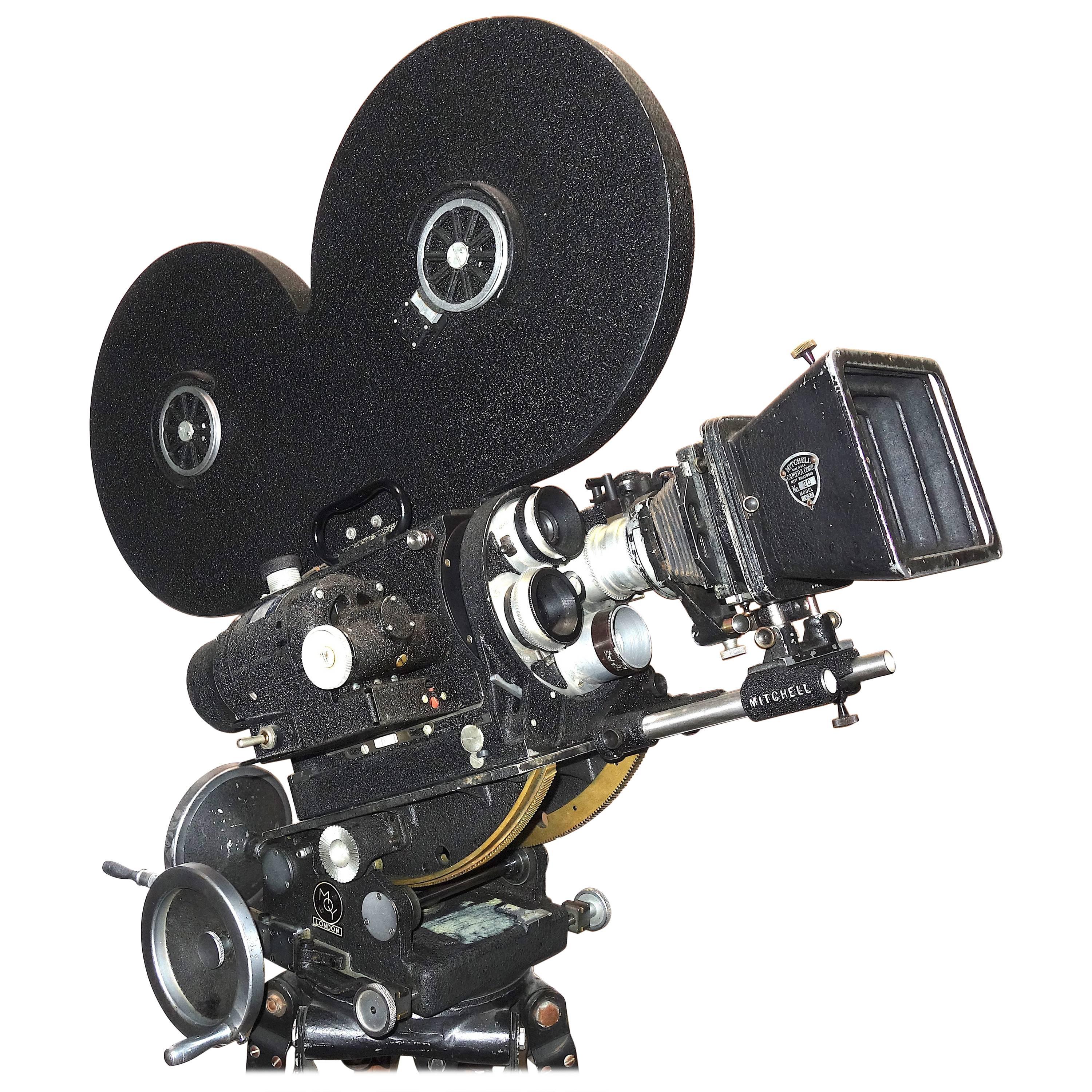 Hollywood Midcentury Movie Camera with Geared Head and Wood Tripod Legs For Sale