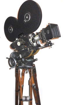 Hollywood Midcentury Vintage Movie Camera with Geared Head and Wood Tripod Legs