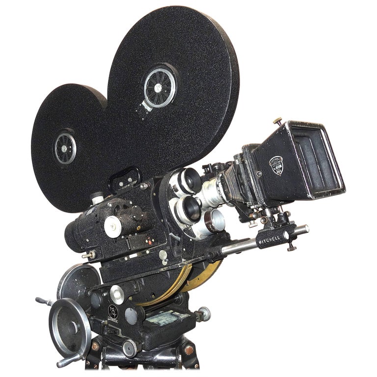Hollywood Midcentury Vintage Movie Camera with Geared Head and Wood Tripod  Legs For Sale at 1stDibs
