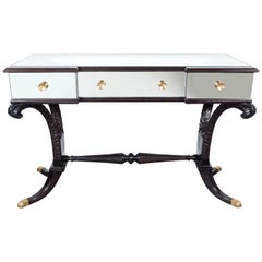 Hollywood Mirrored Desk or Vanity by Grosfeld House in Ebonized Walnut and Brass