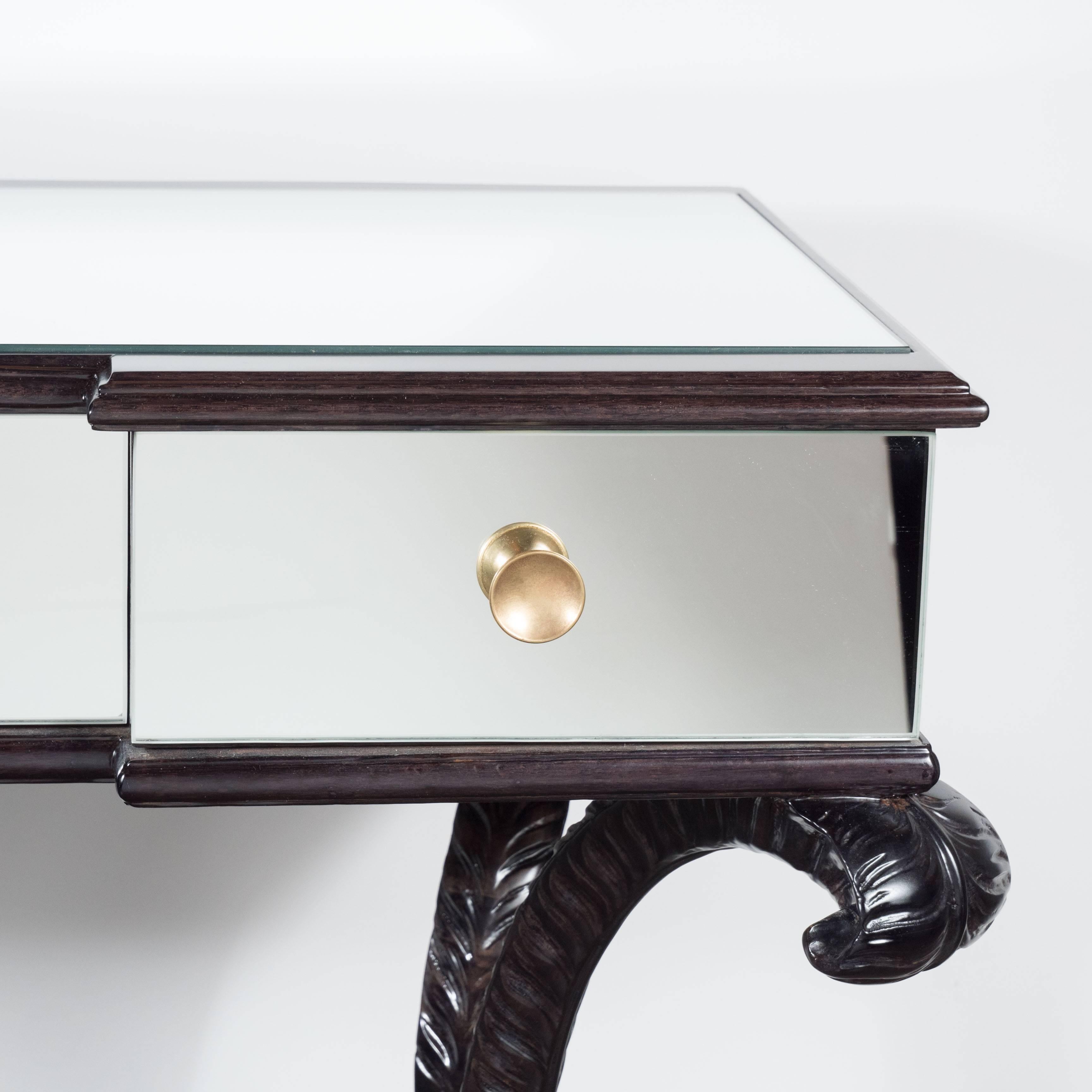 Hollywood Regency Hollywood Mirrored Desk or Vanity by Grosfeld House in Ebonized Walnut and Brass