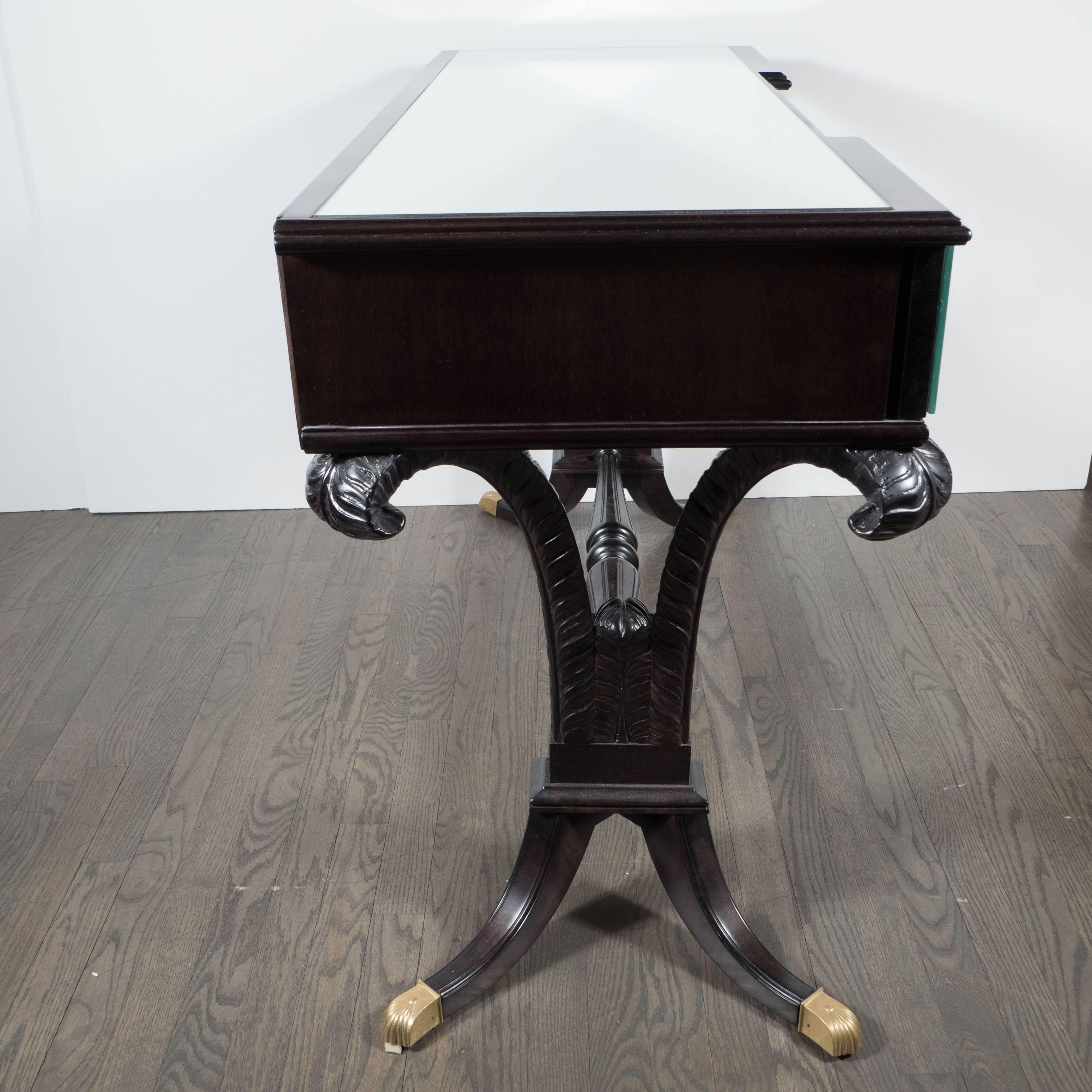 Hollywood Mirrored Desk or Vanity by Grosfeld House in Ebonized Walnut and Brass In Excellent Condition In New York, NY