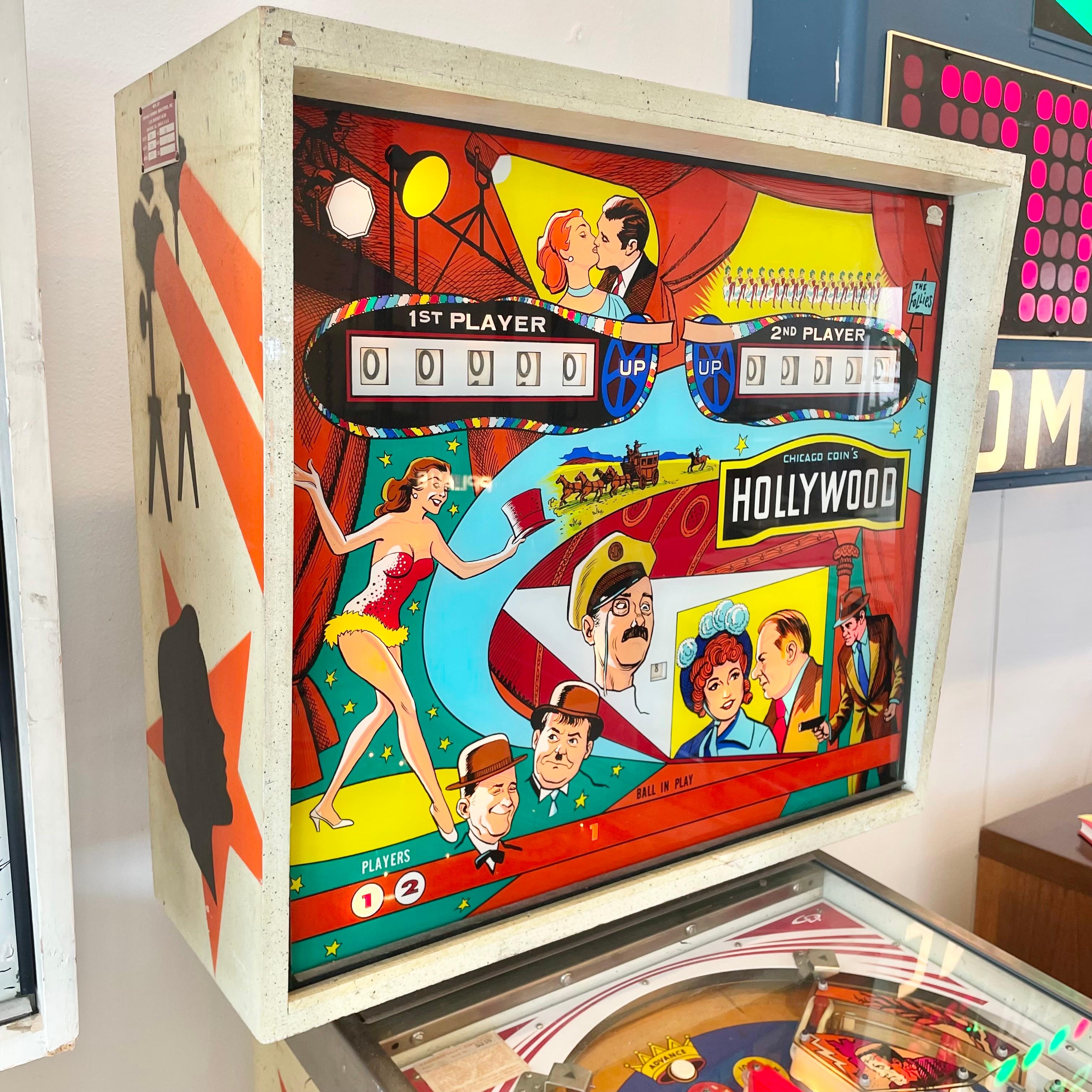 Vintage 'HOLLYWOOD' pinball machine from 1976. Made by Chicago Coin Machine Manufacturing Company and designed by Albin Peters, Jerry Koci and Wendell McAdams. In excellent working condition. Great visuals and sounds. Extremely fast paced game speed