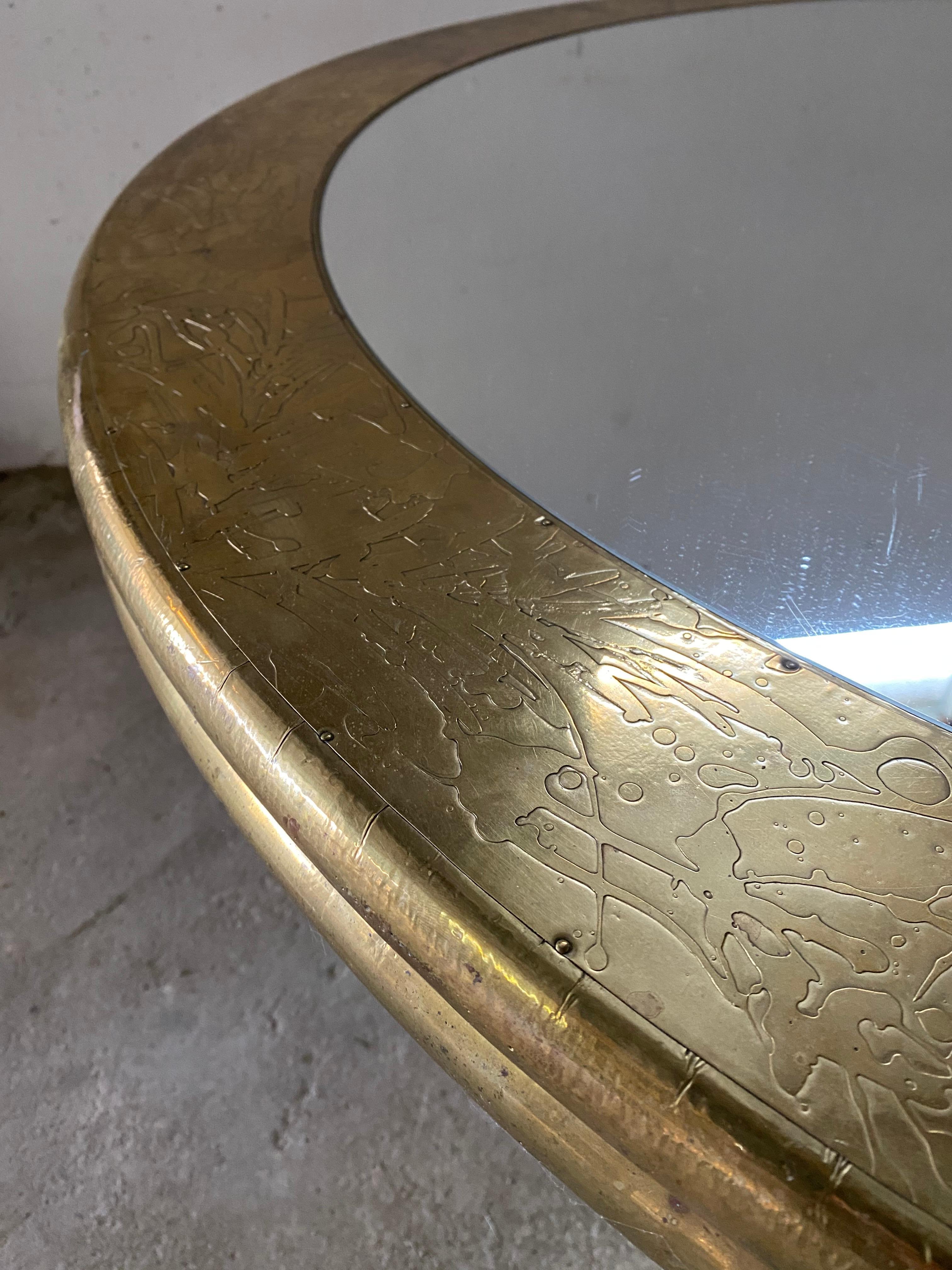 Spanish Hollywood Recency Brass & Mirror Glass Dining Table/Lobby Table, 80's Gony Nava For Sale