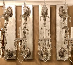 Hollywood Regency Silver Gilt Wall Scones with Crystal Set of Four