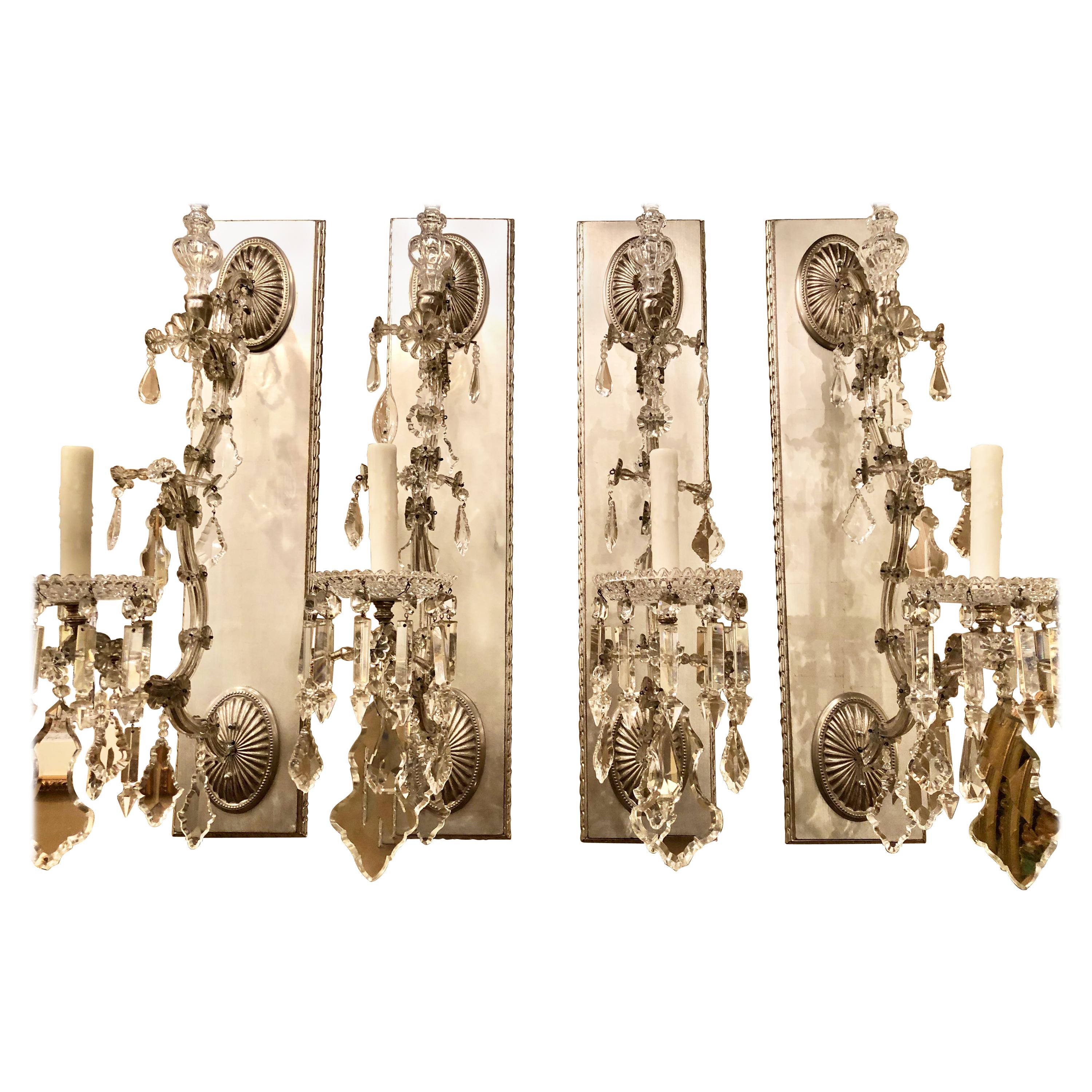 Hollywood Regency Silver Gilt Wall Scones with Crystal Set of Four For Sale