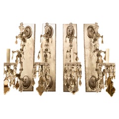 Hollywood Regency Silver Gilt Wall Scones with Crystal Set of Four