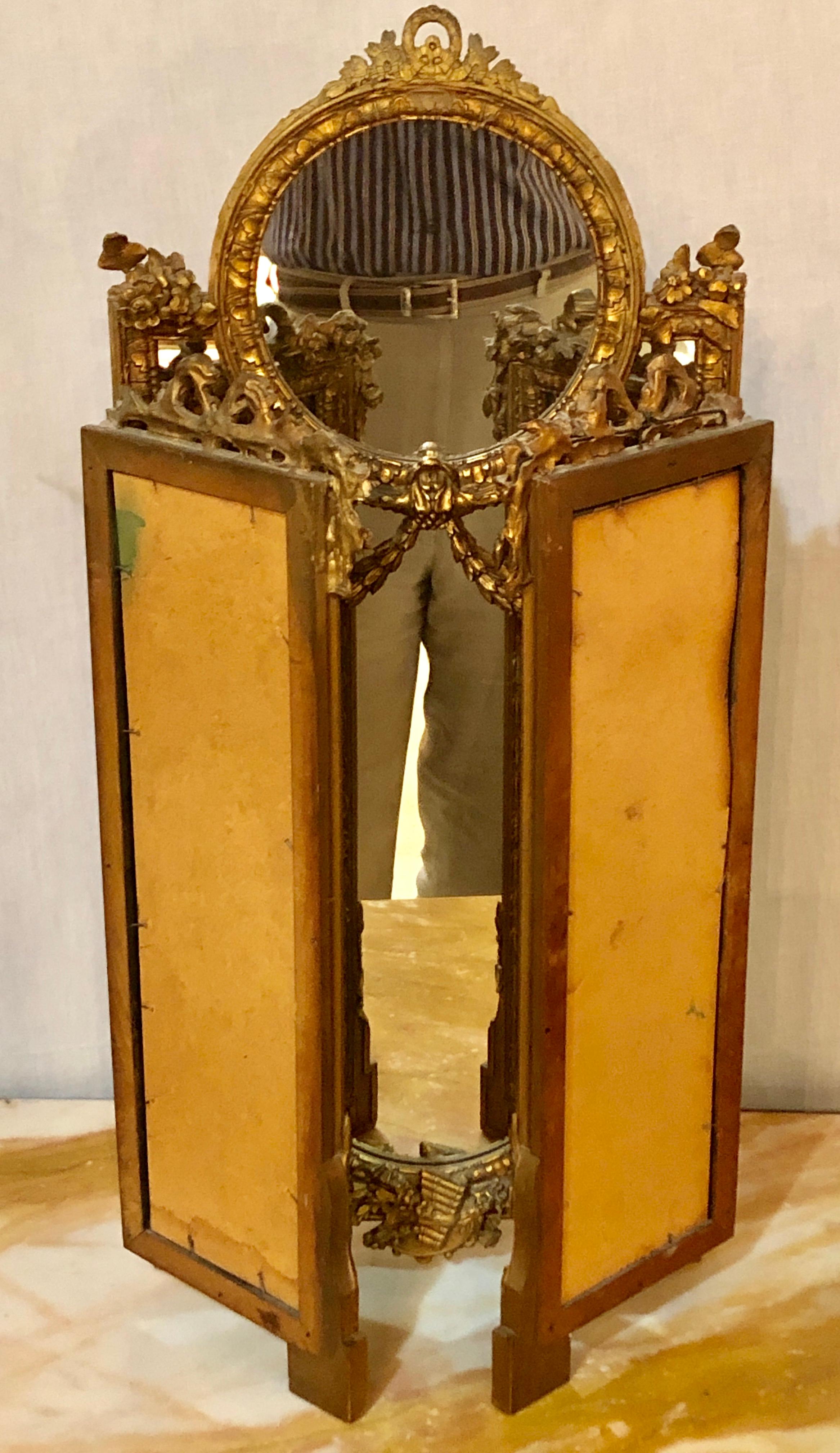 Hollywood Regency 1940s Louis XVI Style Gilt wood Trifold Vanity or Table Mirror 1