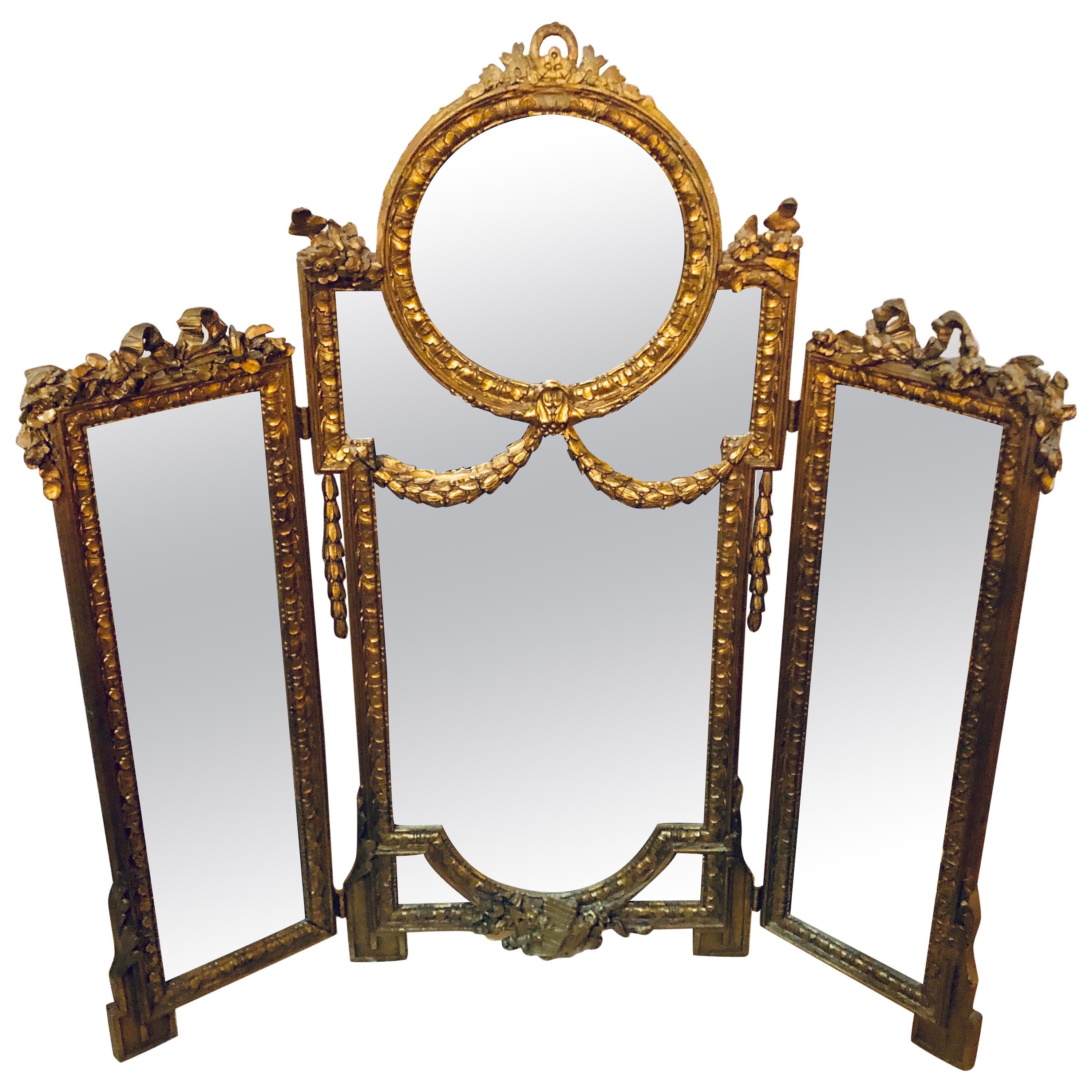 Hollywood Regency 1940s Louis XVI Style Gilt wood Trifold Vanity or Table Mirror