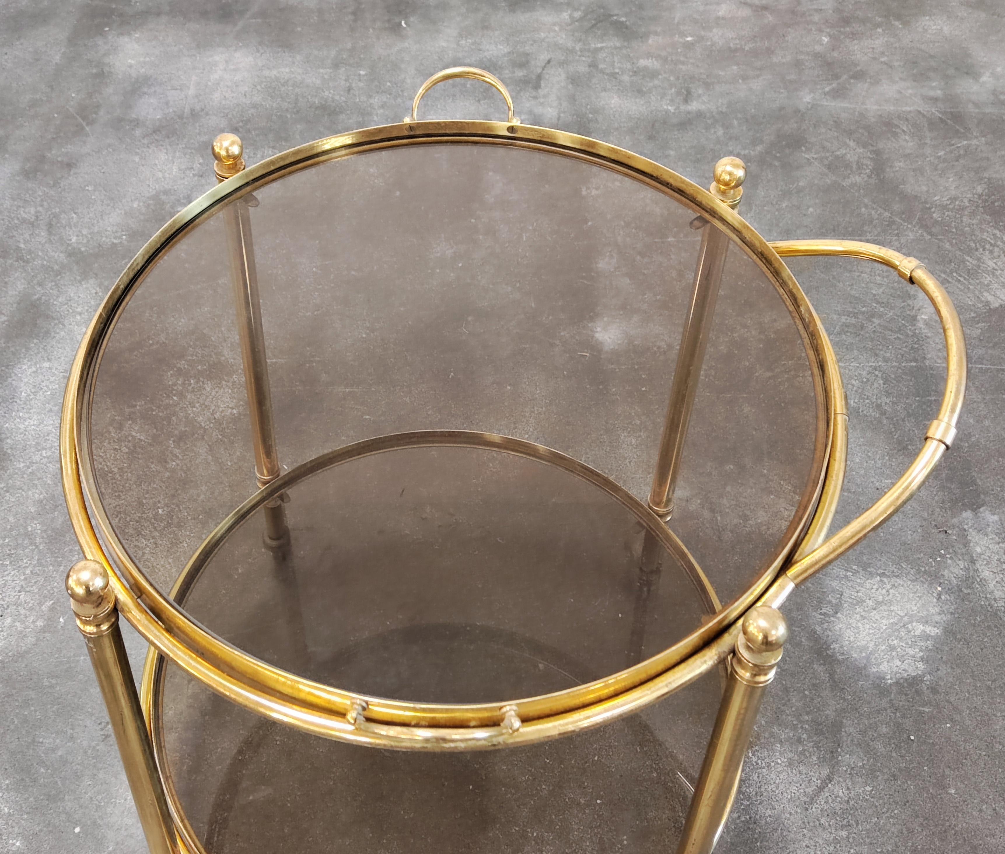 Hollywood Regency 2-Tier Bronze and Smoked Glass Bar Trolley, France, 1950s For Sale 5