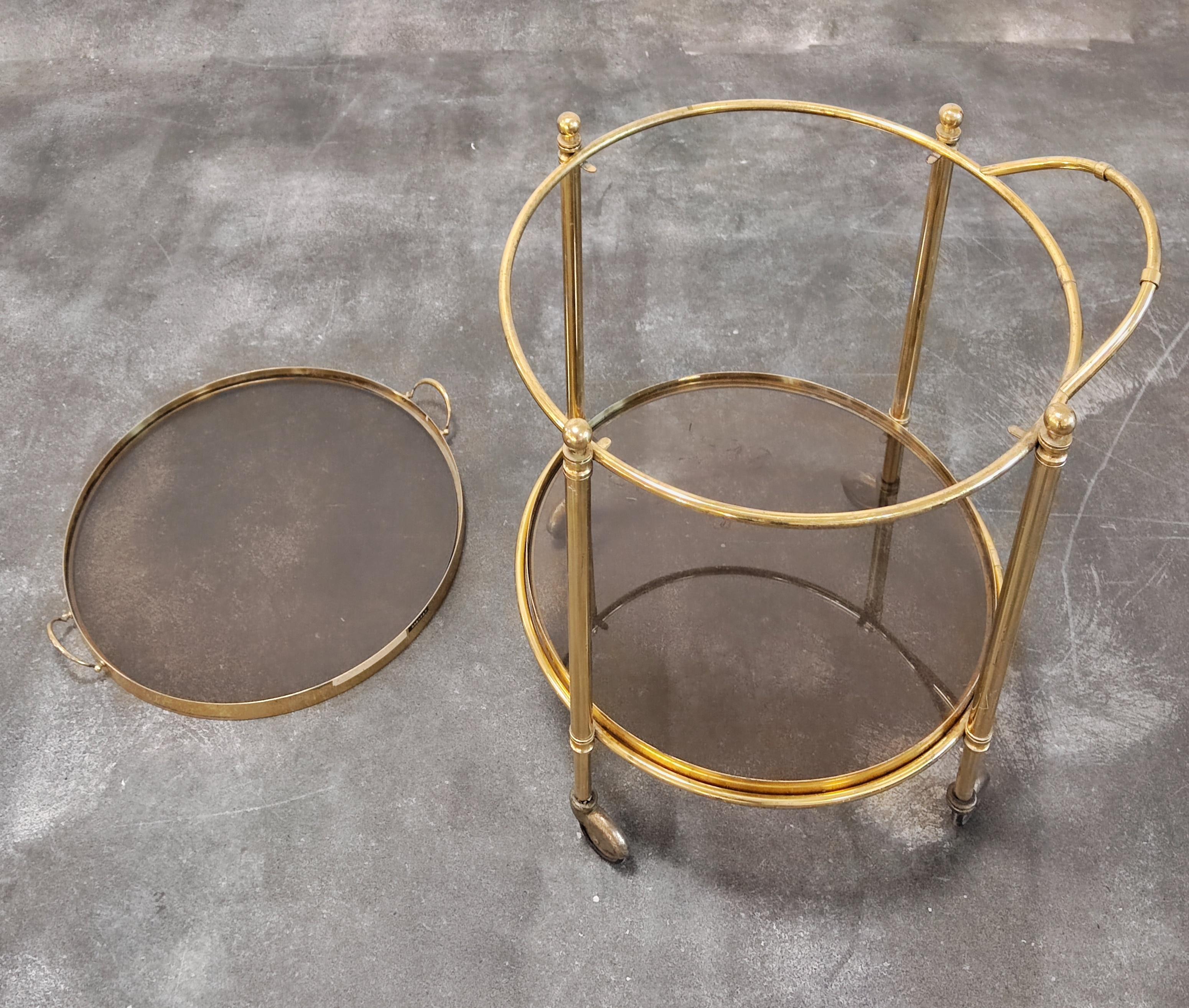 Hollywood Regency 2-Tier Bronze and Smoked Glass Bar Trolley, France, 1950s For Sale 6