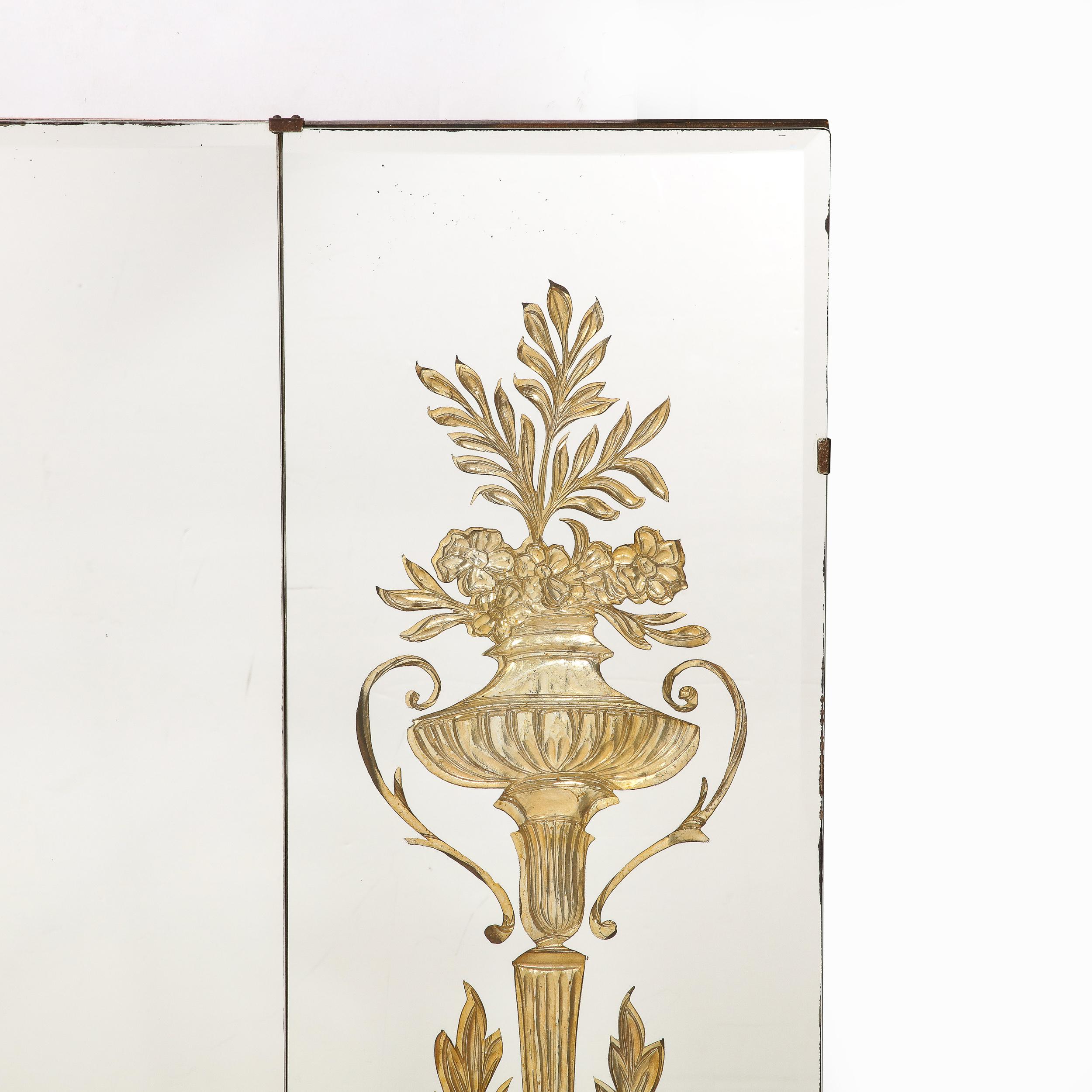 American Hollywood Regency 3-Paneled Mirror w/ Neoclassical Kantharos Floral Motifs For Sale