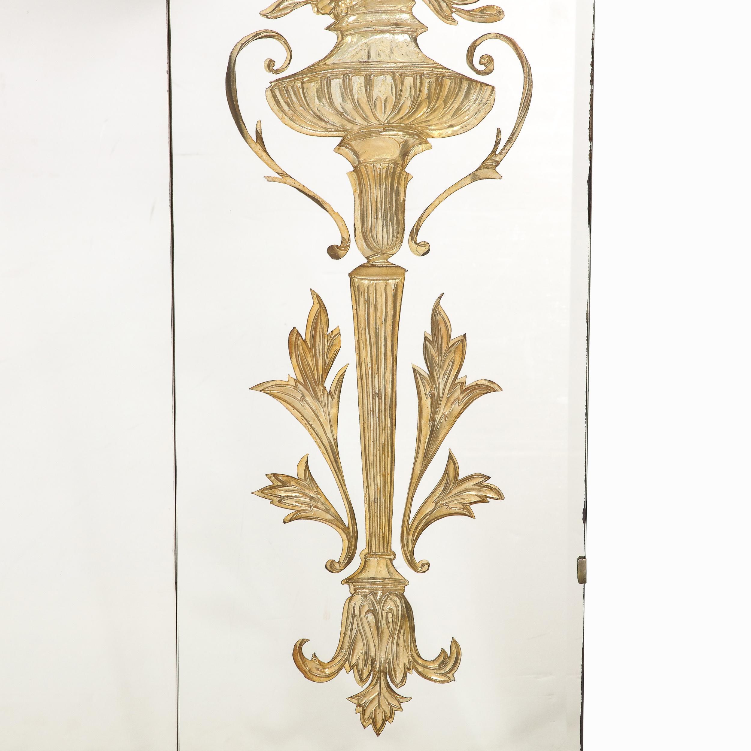 Hollywood Regency 3-Paneled Mirror w/ Neoclassical Kantharos Floral Motifs In Excellent Condition For Sale In New York, NY