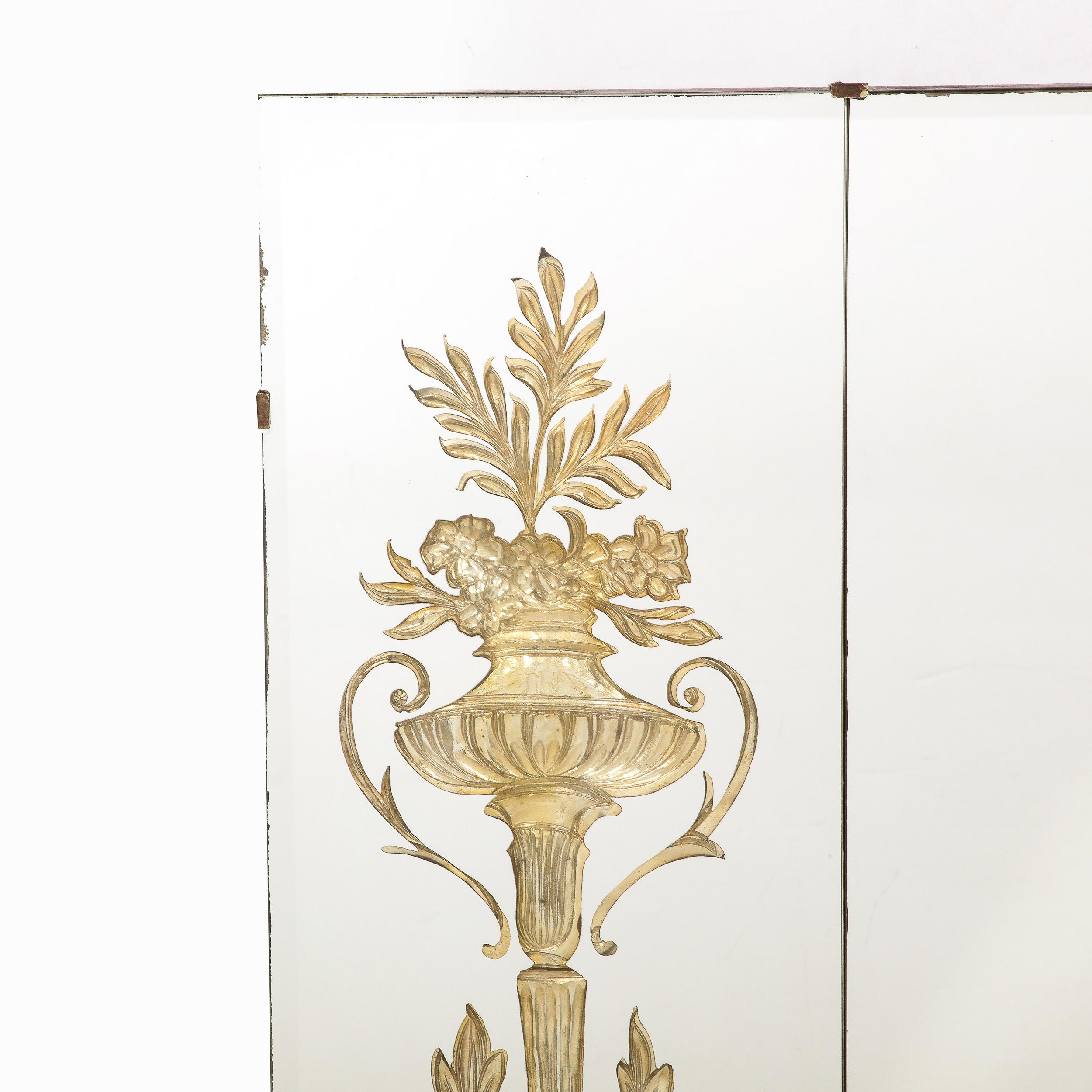 Mid-20th Century Hollywood Regency 3-Paneled Mirror w/ Neoclassical Kantharos Floral Motifs For Sale
