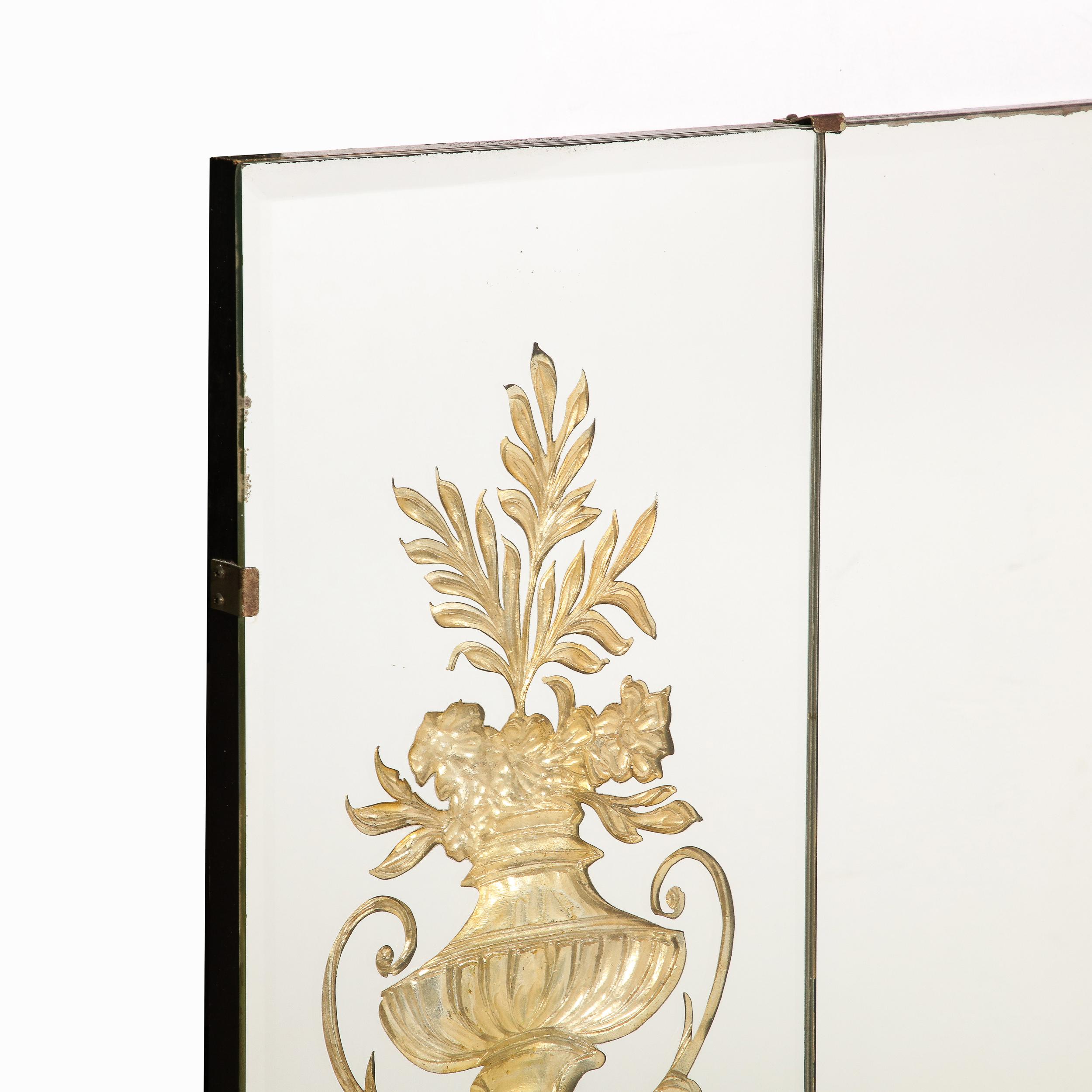 Hollywood Regency 3-Paneled Mirror w/ Neoclassical Kantharos Floral Motifs For Sale 3
