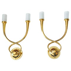 Hollywood Regency 4 Egoluce Wall Light Sconces, Brass, Glass, Italy, 1980s