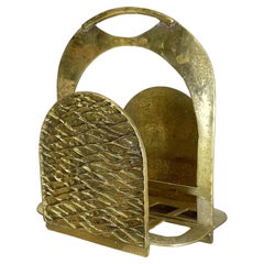 Hollywood Regency 4, 3kg Brutalist Solid Brass Magazine Holder Stand, Italy 1970s