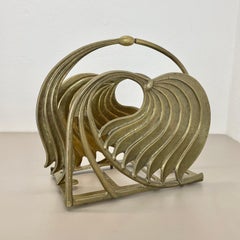 Hollywood Regency 4.8kg Brutalist Solid Brass Magazine Holder Stand, Italy 1970s