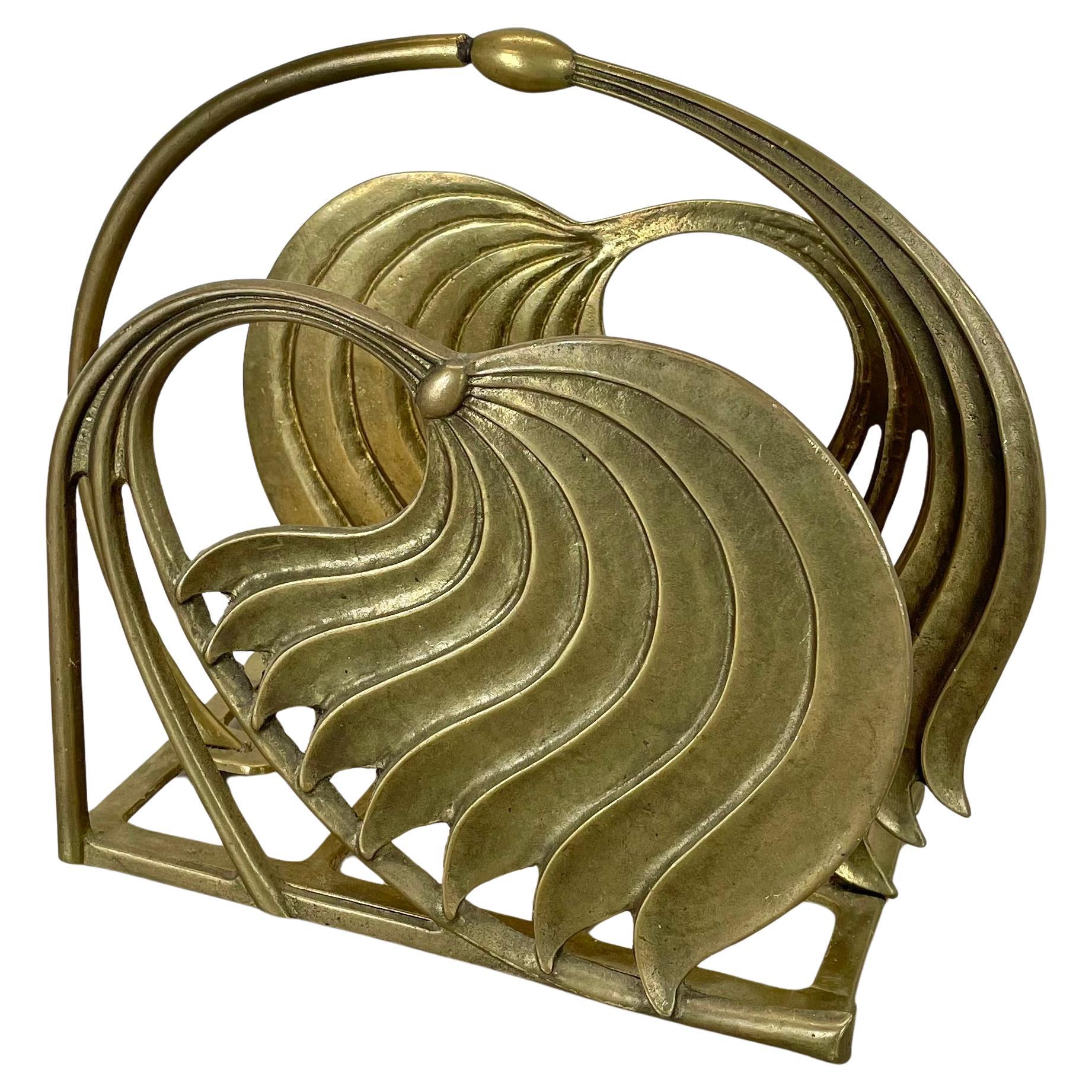 Hollywood Regency 4.8kg Brutalist Solid Brass Magazine Holder Stand, Italy 1970s