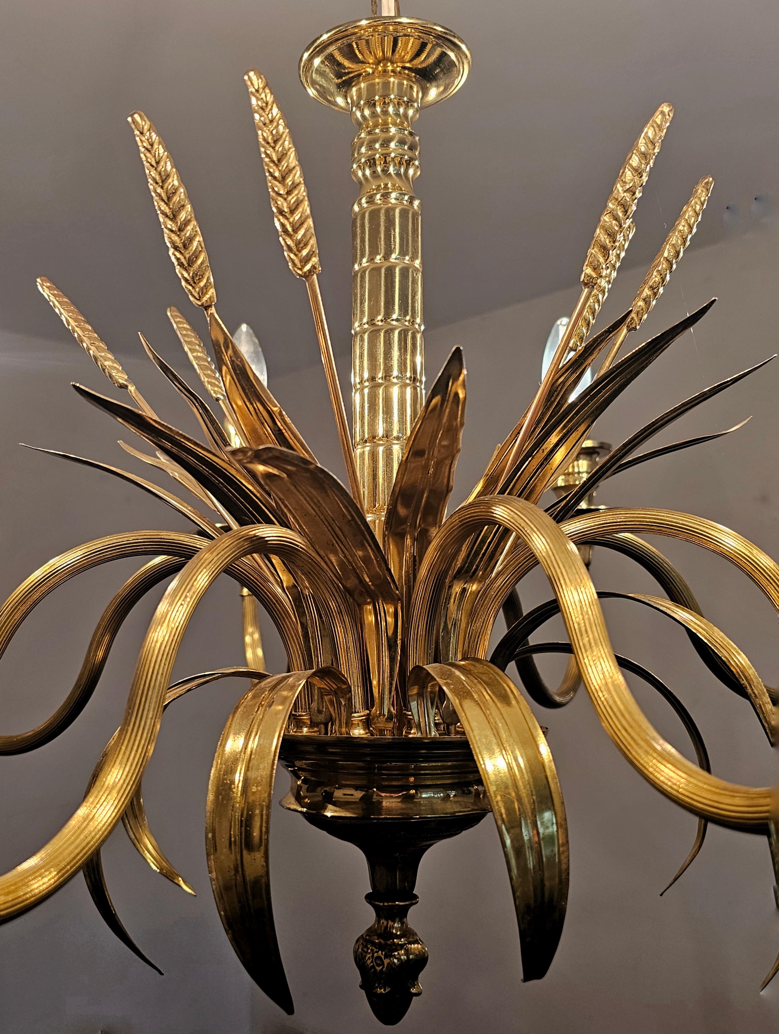 Hollywood Regency 8 Arm Golden Chandelier with Ears of Wheat, France 1970s For Sale 5