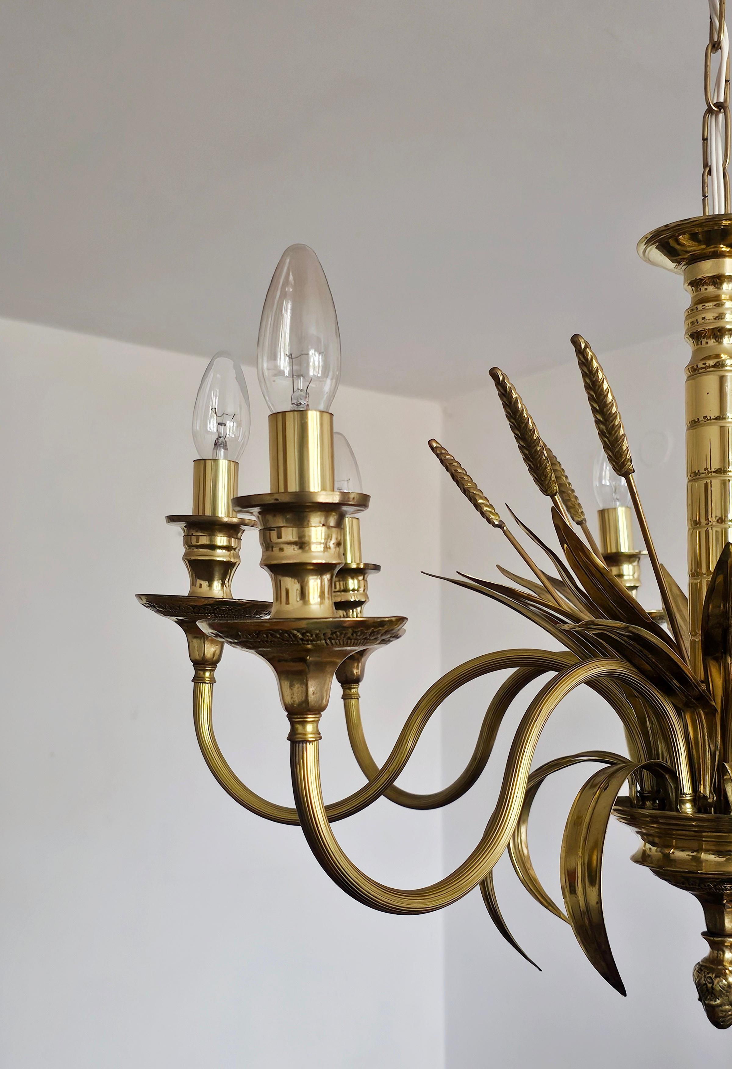 Late 20th Century Hollywood Regency 8 Arm Golden Chandelier with Ears of Wheat, France 1970s For Sale