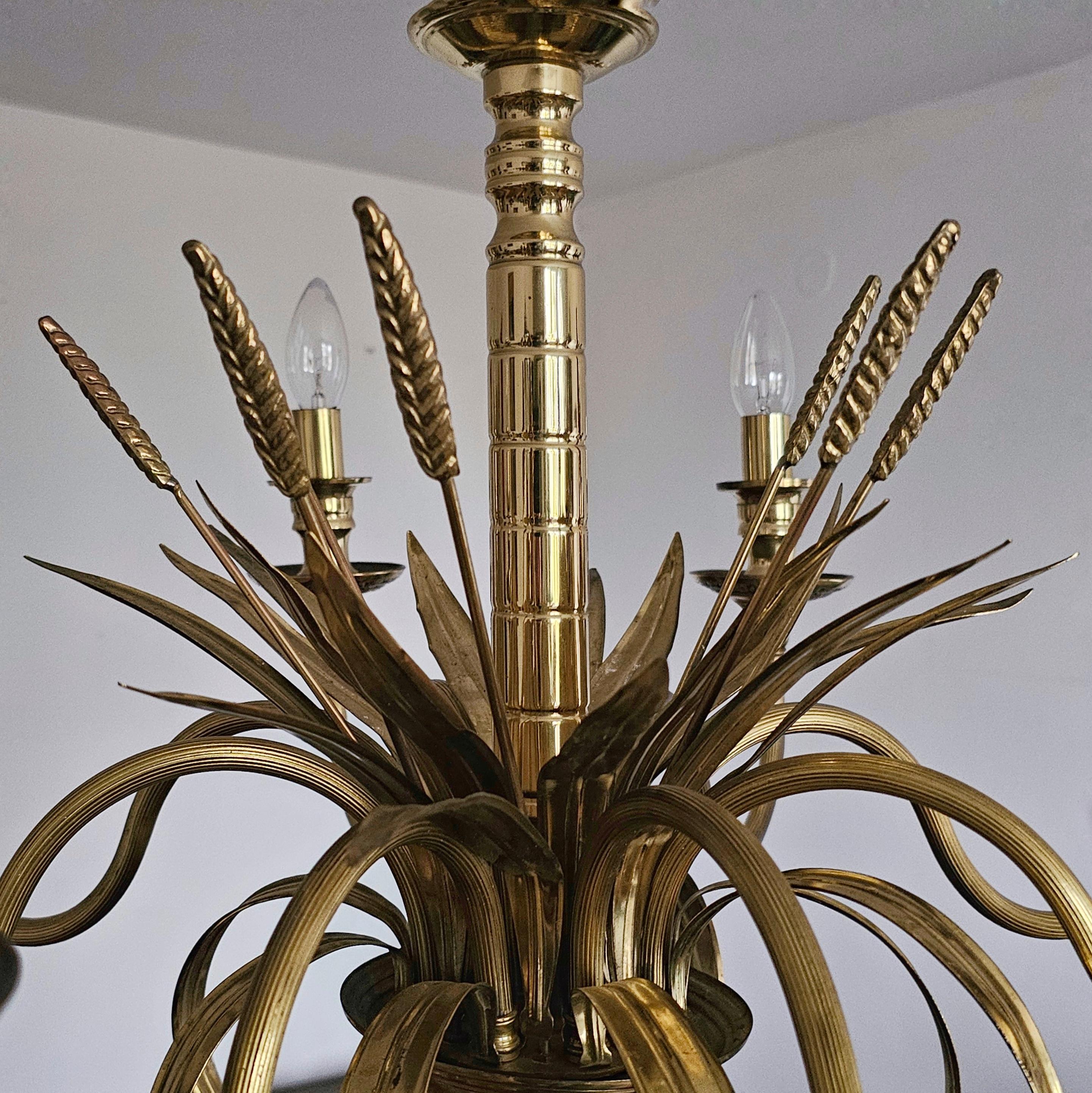 Hollywood Regency 8 Arm Golden Chandelier with Ears of Wheat, France 1970s For Sale 2