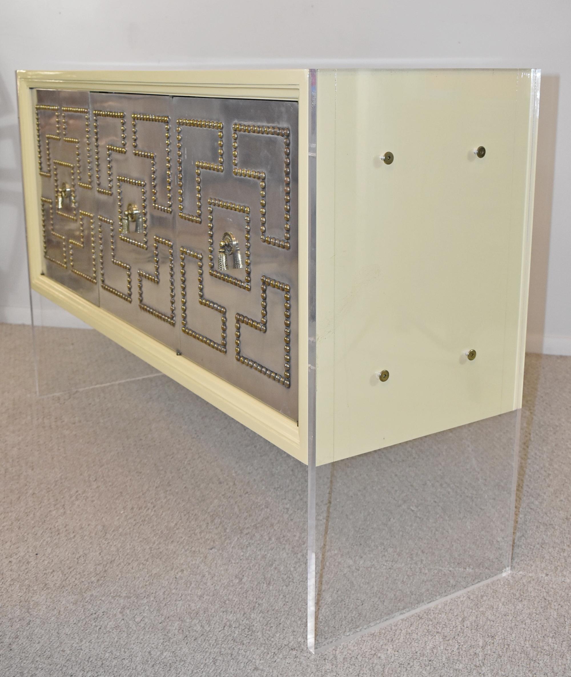 Brass Hollywood Regency Acrylic Credenza For Sale