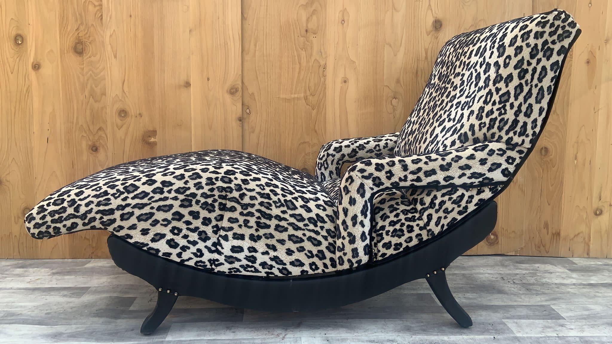 Hollywood Regency Adjustable Contour Chaise Massage Lounge Newly Upholstered

Chic Mid Century Modern Adjustable Contour Chaise Lounge. The lounge has been Fully Custom Upholstered in a Gorgeous Leopard Velvet Chenille with Full Grain Black-Beauty