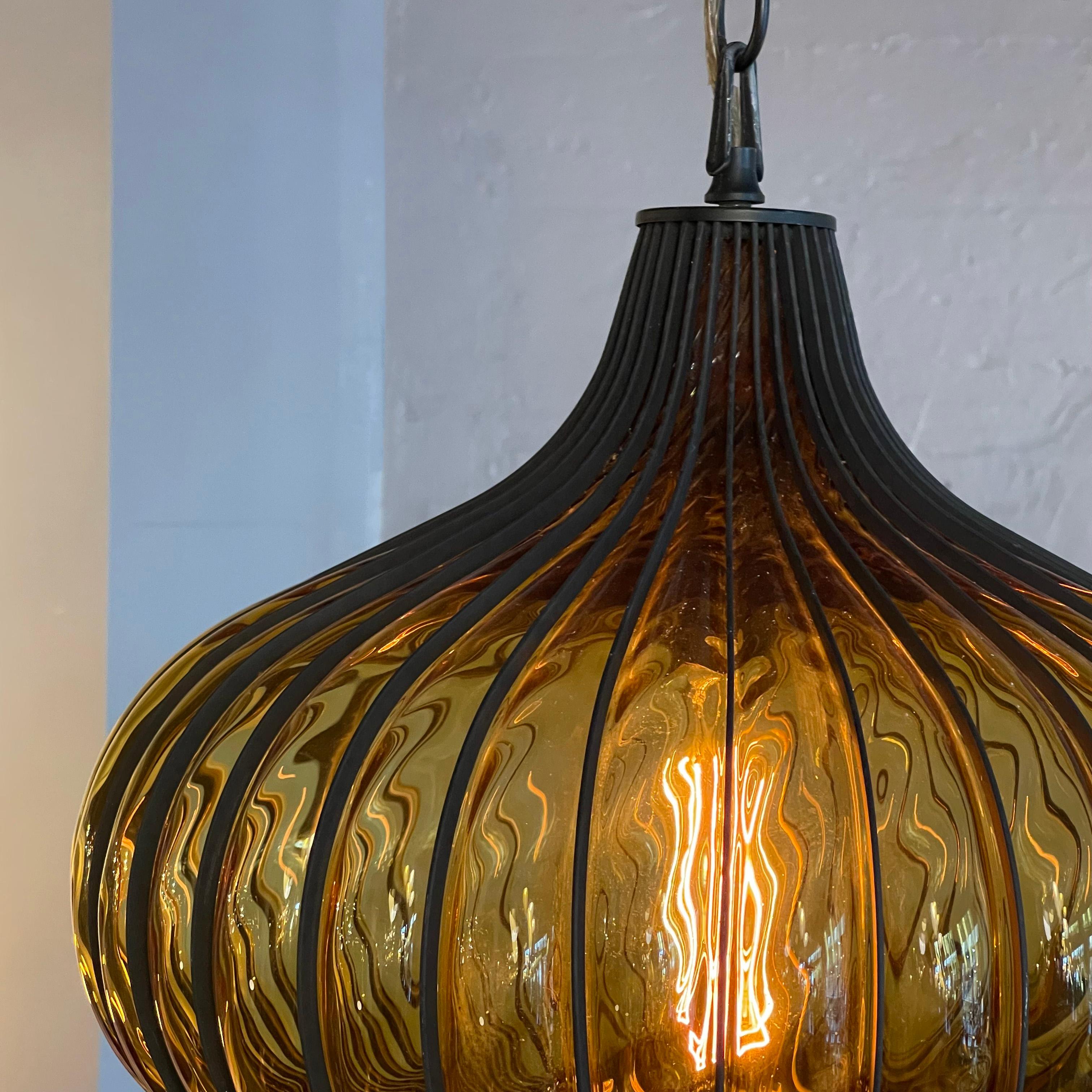 Hollywood Regency Amber Glass Caged Onion Swag Pendant Light 4