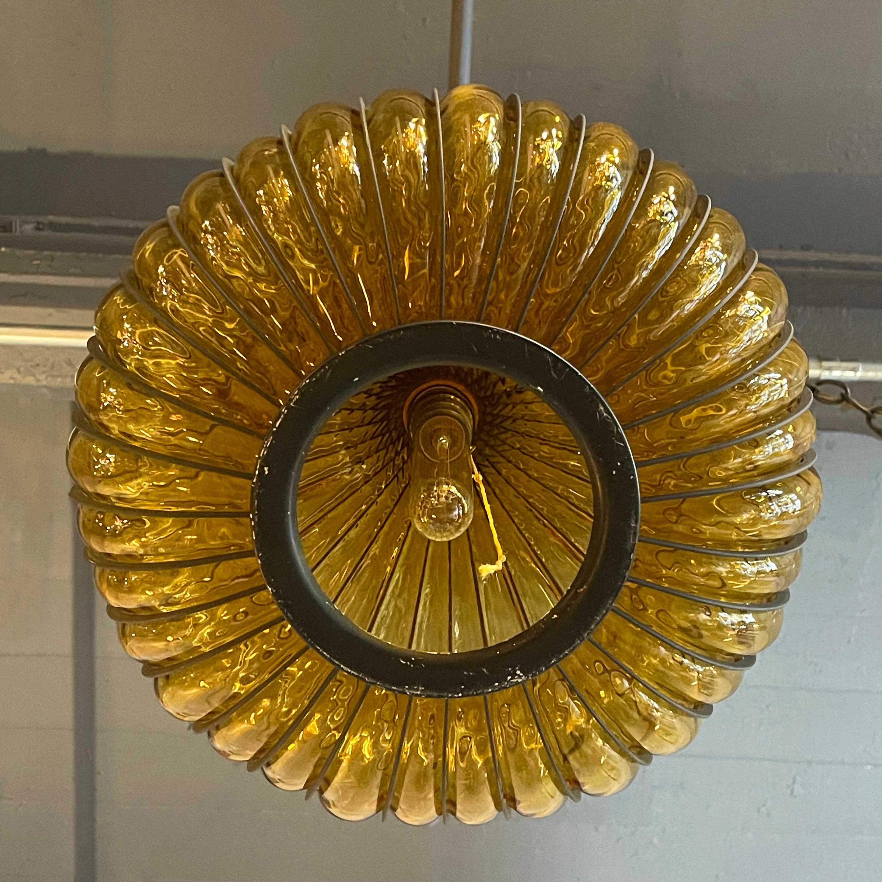 Hollywood Regency Amber Glass Caged Onion Swag Pendant Light 5