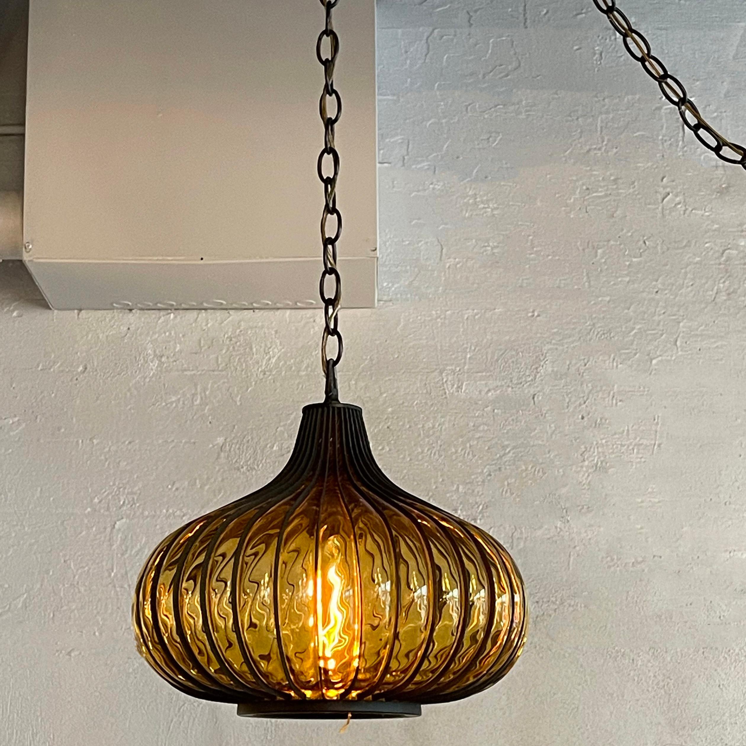 American Hollywood Regency Amber Glass Caged Onion Swag Pendant Light