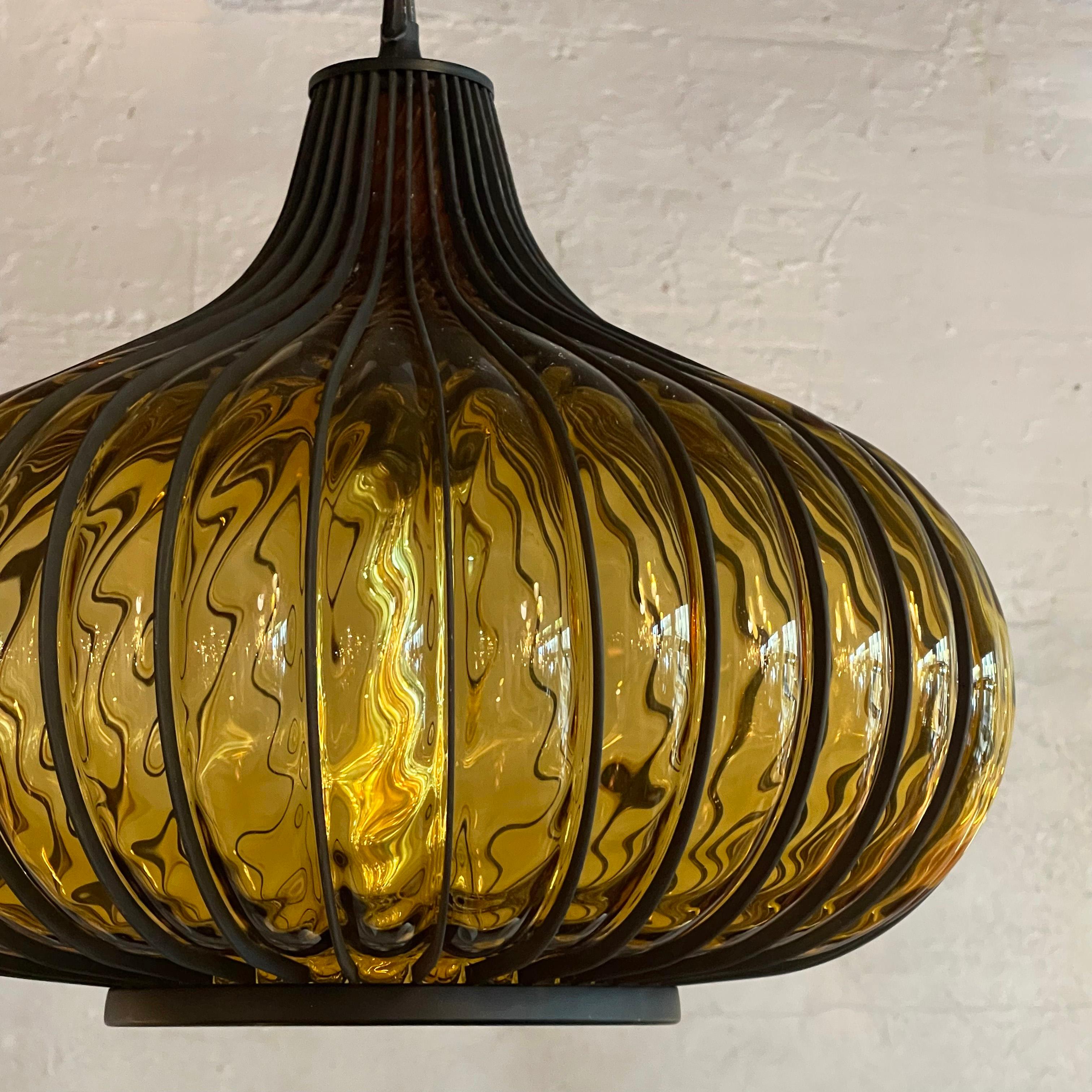 20th Century Hollywood Regency Amber Glass Caged Onion Swag Pendant Light