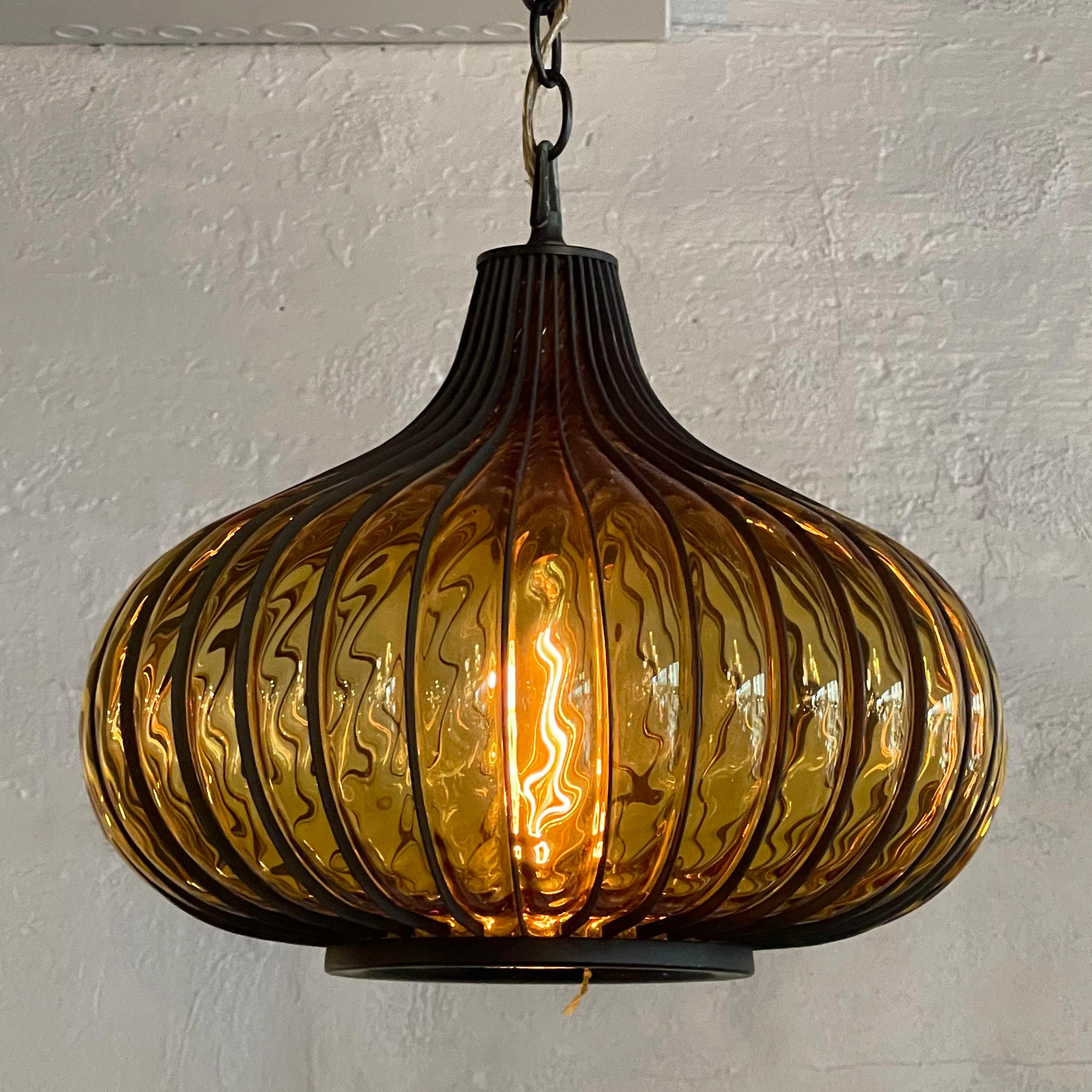 Metal Hollywood Regency Amber Glass Caged Onion Swag Pendant Light