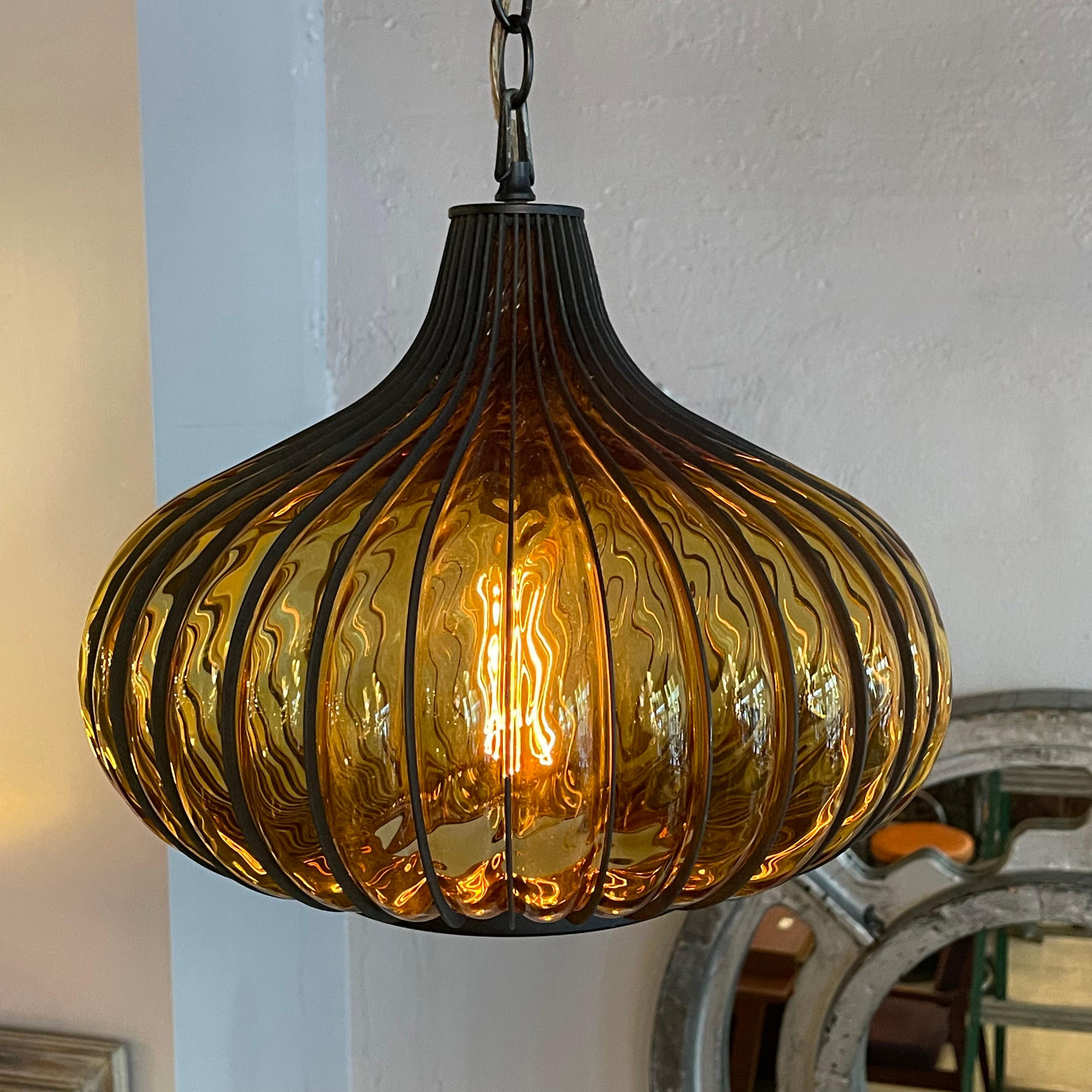 Hollywood Regency Amber Glass Caged Onion Swag Pendant Light 1