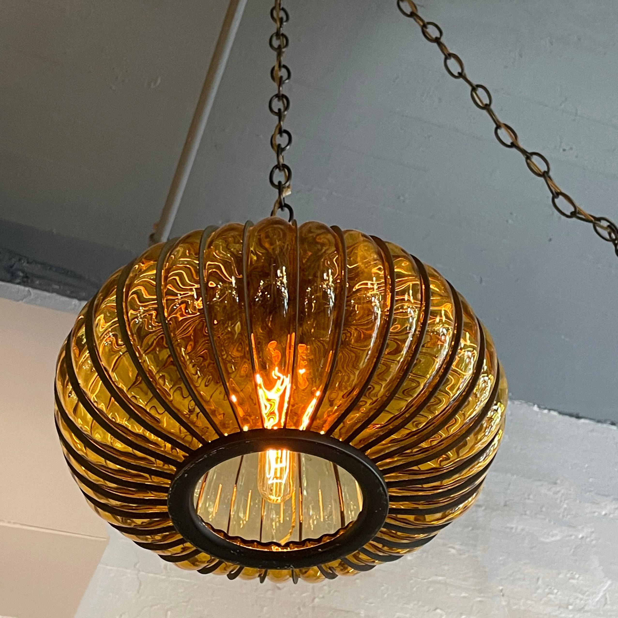 Hollywood Regency Amber Glass Caged Onion Swag Pendant Light 2