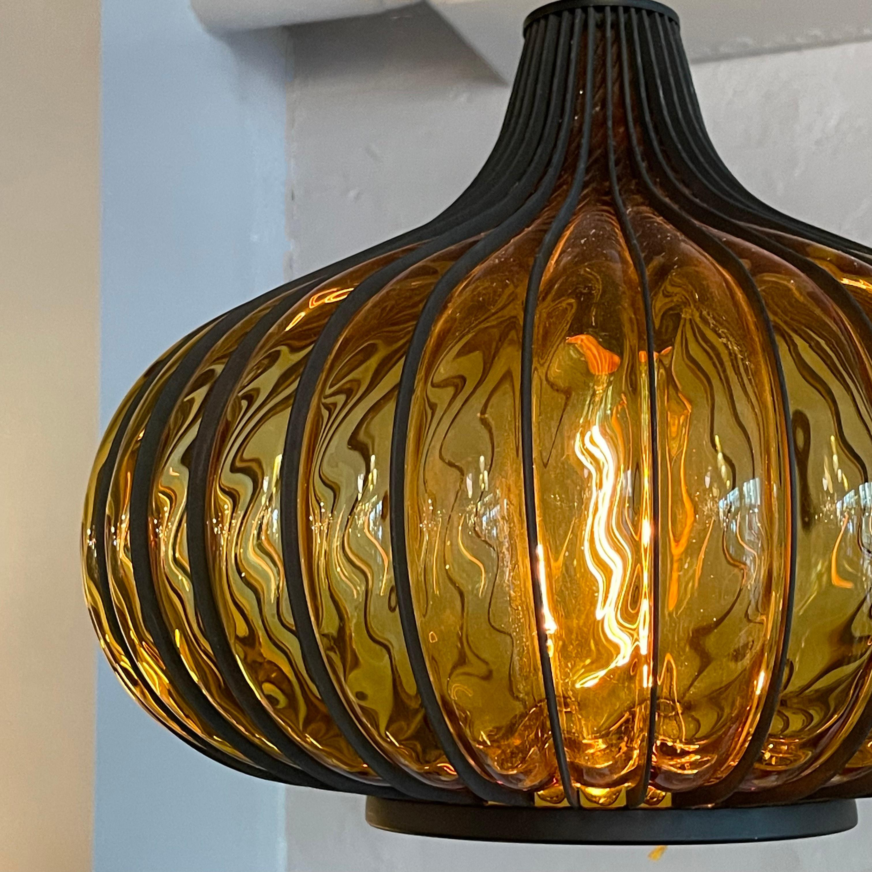 Hollywood Regency Amber Glass Caged Onion Swag Pendant Light 3