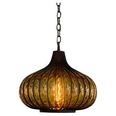 Hollywood Regency Amber Glass Caged Onion Swag Pendant Light